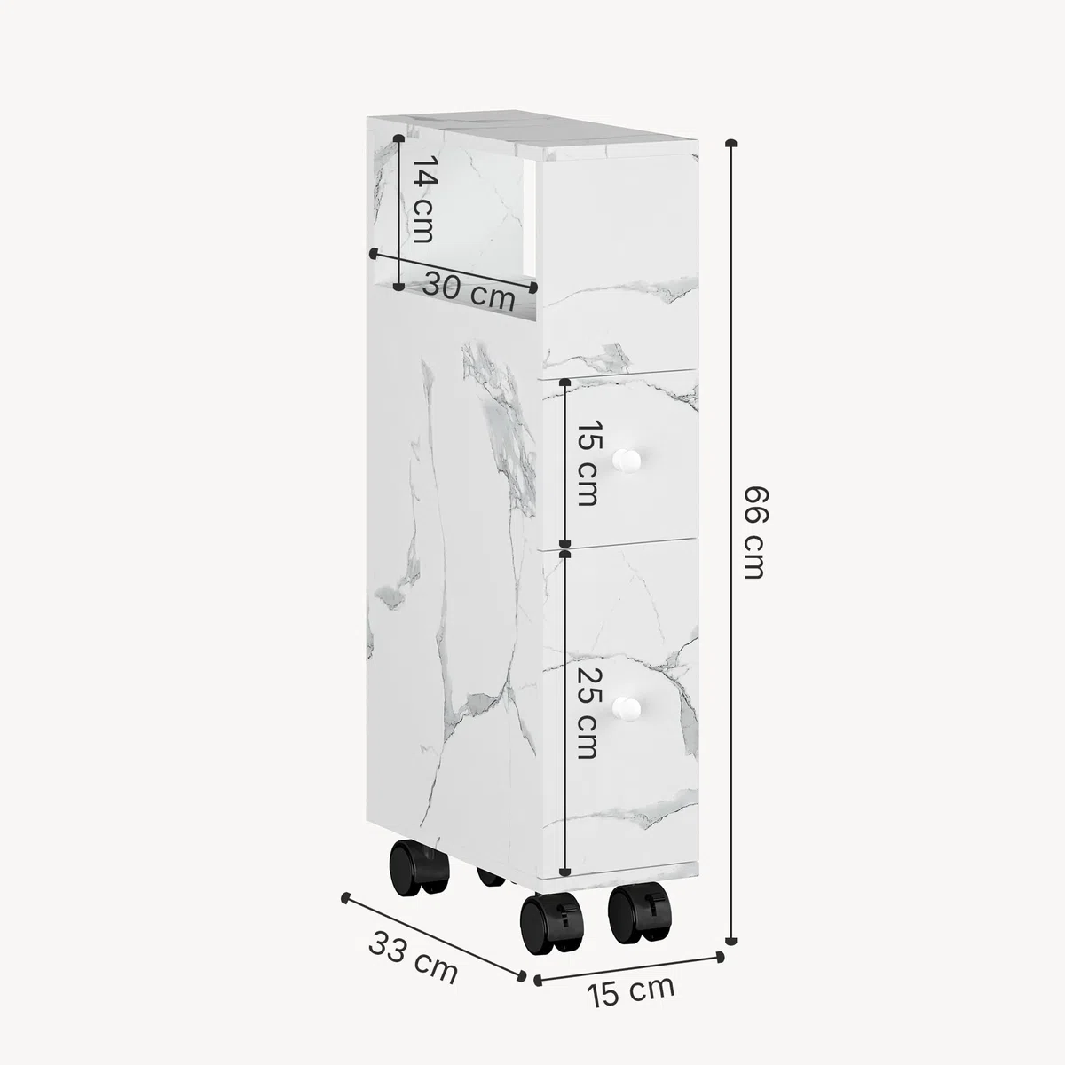 [en.casa] Mobile da Bagno Stretto a Rotelle con 2 Cassetti e Scomparto Aperto Armadietto Estraibile Multiuso per Cucina Lavanderia Ufficio 66 x 15 x 33 cm - Effetto Marmo Bianco