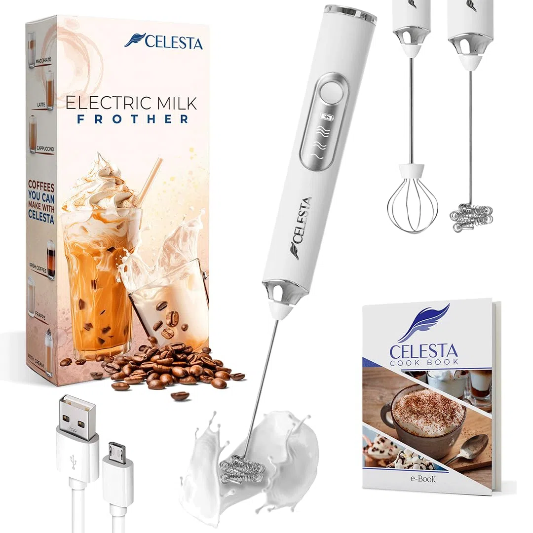 Montalatte elettrico portatile Celesta - Montalatte ricaricabile tramite USB - 2 fruste in acciaio inossidabile + cavo USB, montalatte e sbattitore per le uova