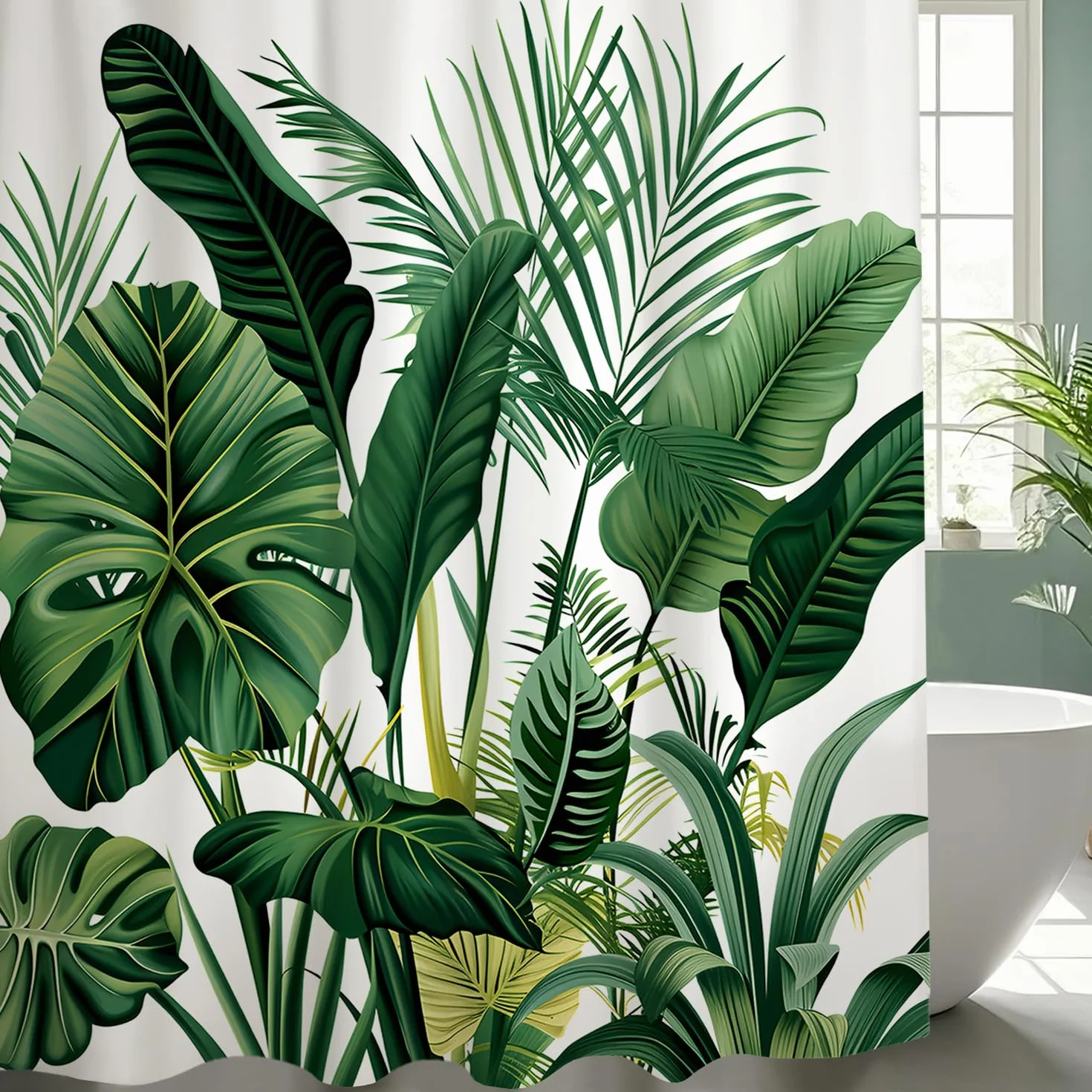 Tenda Doccia 180 x 200 cm,Tenda da Doccia Verde Tropicale,Impermeabile, in Poliestere, Lavabile,con 12 Ganci