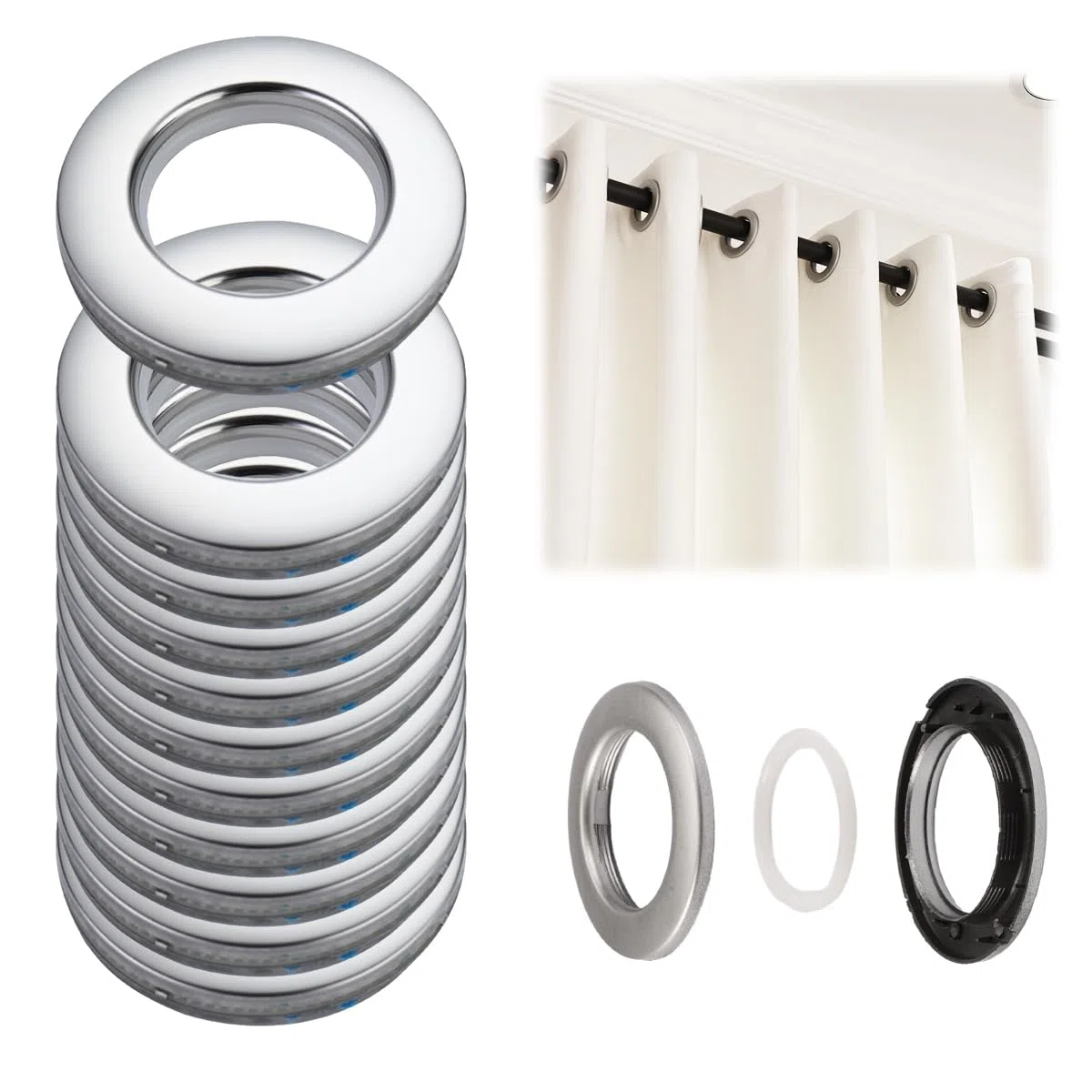 32 Pezzi Anelli per Tende in Plastica, Occhiello a Basso Rumore, Occhielli per Tende 42 mm, Anelli Rotondi per Occhielli, per Tende, Tende da Doccia, Tende per Porte (Argento Opaco)