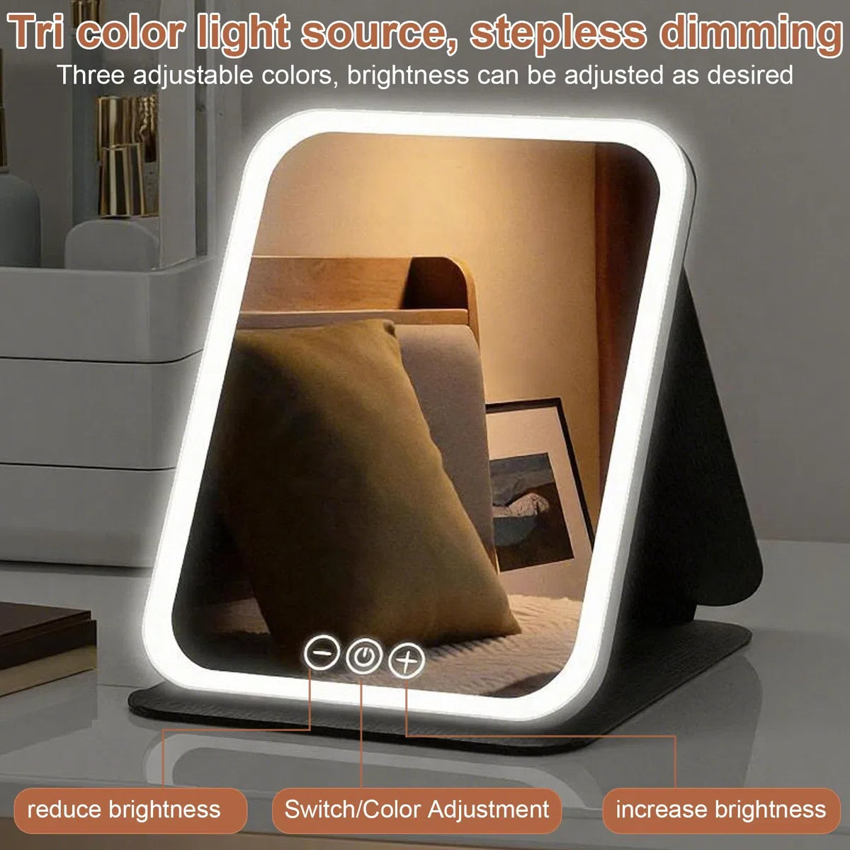Specchio Trucco con Luci LED, Grande Specchio da Viaggio Pieghevole,Specchio Cosmetico Pelle PU,LED Specchio da Tavolo,Specchio da Scrivania Touch Make Up,3 Temperature di Colore (Square Bianco)