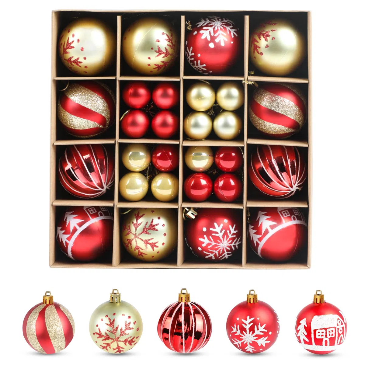 SULOLI 44 Pezzi Palline di Natale,Accessori Decorazioni Albero di Natale,Addobbi Palline per Albero di Natale (Oro-Rosso)