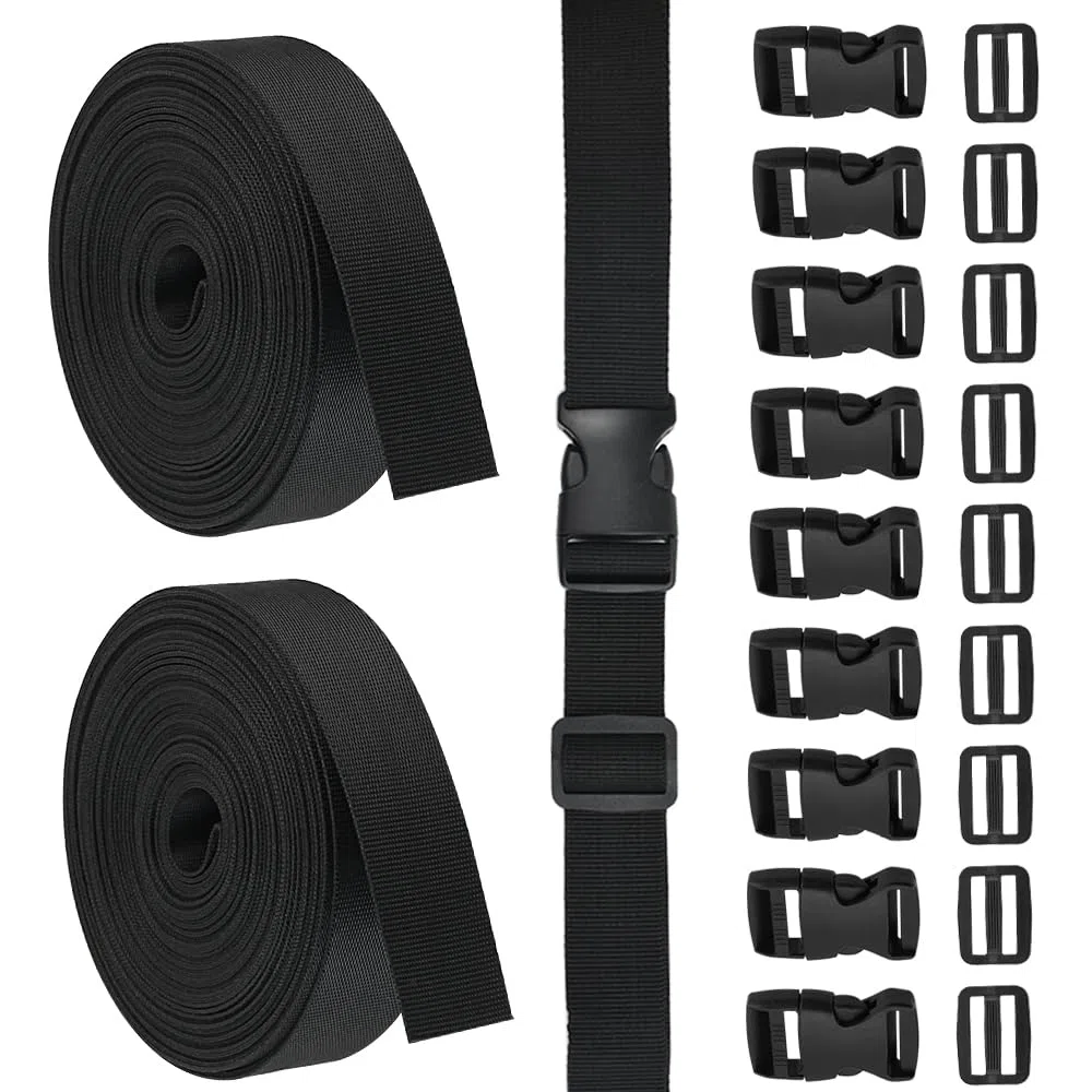 2 Rotoli Cinghia Rigida in Nylon 10M, Fettuccia Nylon, con 20 Paia Fibbie a Scatto Doppie Fibbie per Guinzaglio, Nero Fettuccia Zaino, Fibbie in Plastica Regolabili, per Cinturino Fai da Te