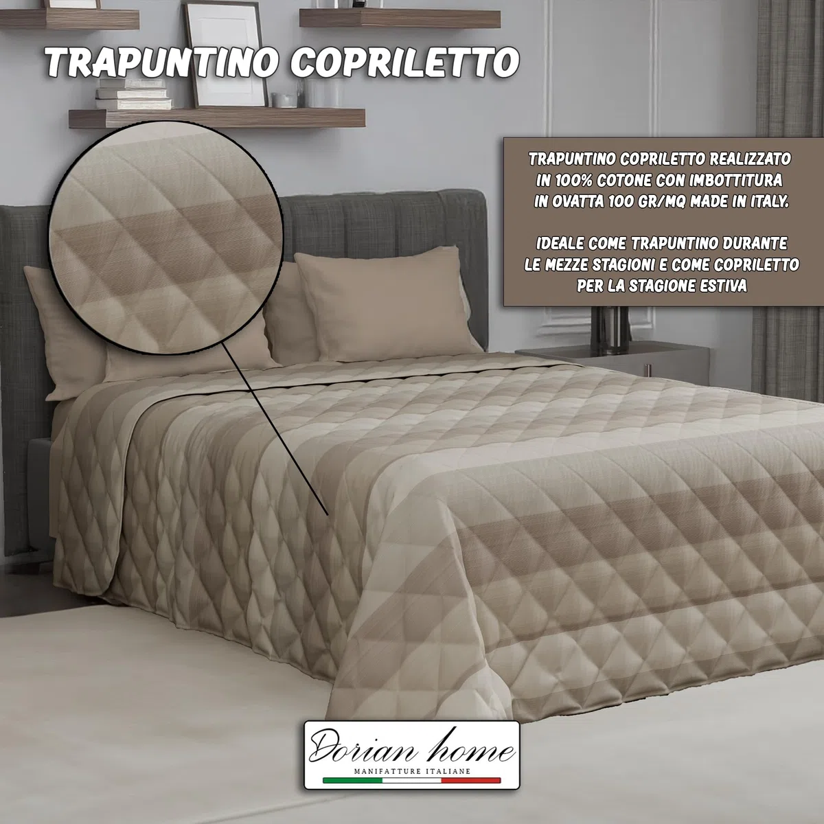 Dorian Home - Trapuntino Leggero Matrimoniale 260x270 100% Puro Cotone Morbido Certificato Traspirante, Copriletto Estivo e Autunnale Trapuntato Ideale 4 Stagioni, Trapunta Primaverile Mezza Stagione