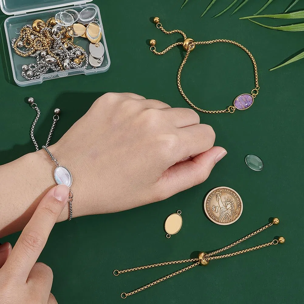 UNICRAFTALE 8 Set 2Colori In Acciaio Inossidabile Fai Da Te Kit per Creazione di Braccialetti A Maglia Ovale Vuoto Regolabile Cursore Catena con Connettore Cabochon Ovale Lunetta con Cabochon In Vetro