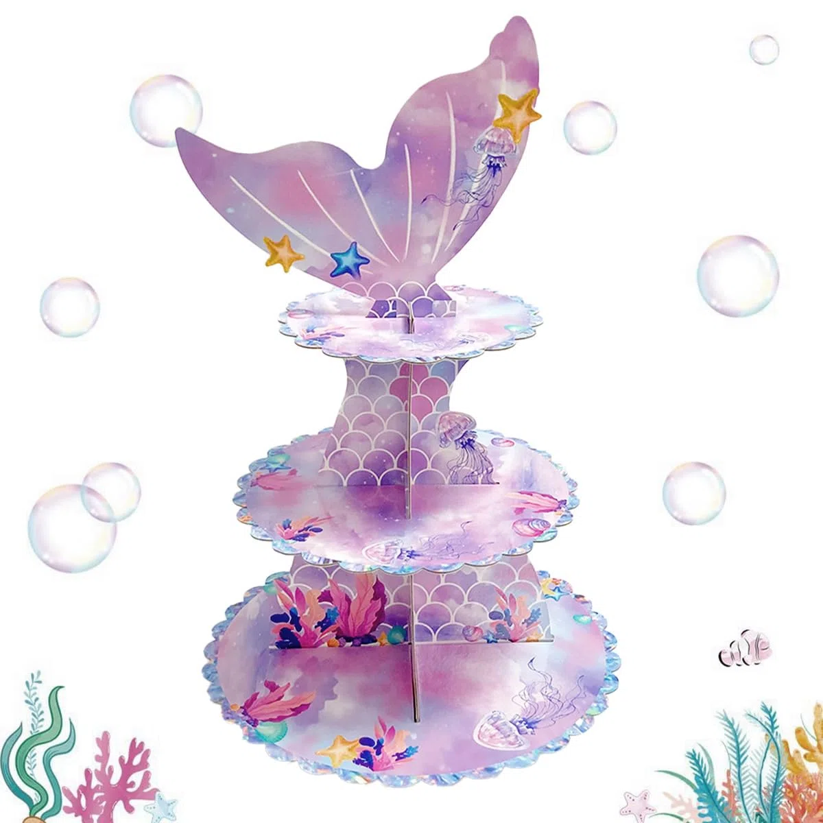 3 animali Fantasy Ocean Cake Stand, Cupcake Torre + 20 pcs Cupcake Wrappers + 20TCupcake Top, mondo subacqueo, da sogno, tema sirene, decorazione per feste di compleanno