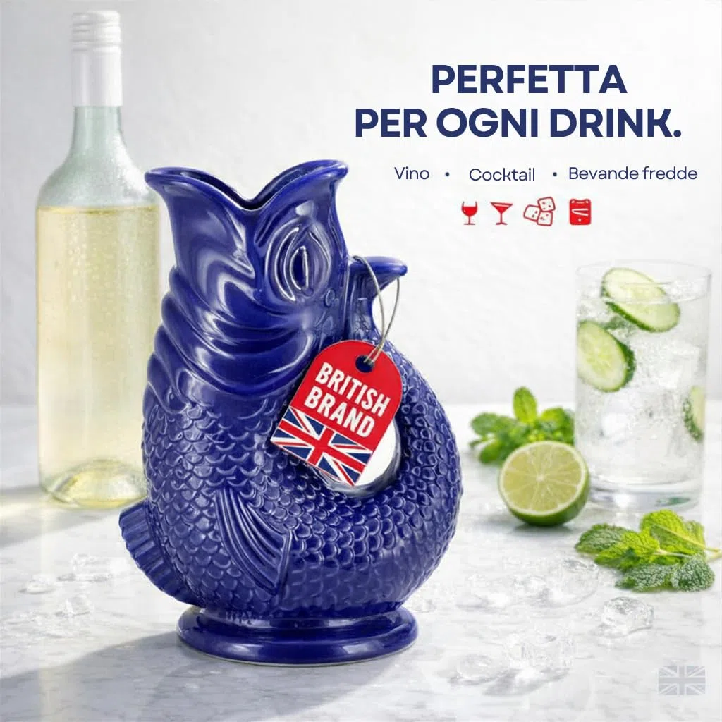 The Bubble Jug Brocca Acqua Blu Cobalto Scuro da 1,5 l Caraffa Acqua e Cocktail Extra Large a Forma di Pesce Brocca Ceramica Decorativa per Cocktail, Acqua, Gin - Brocca Gorgogliante