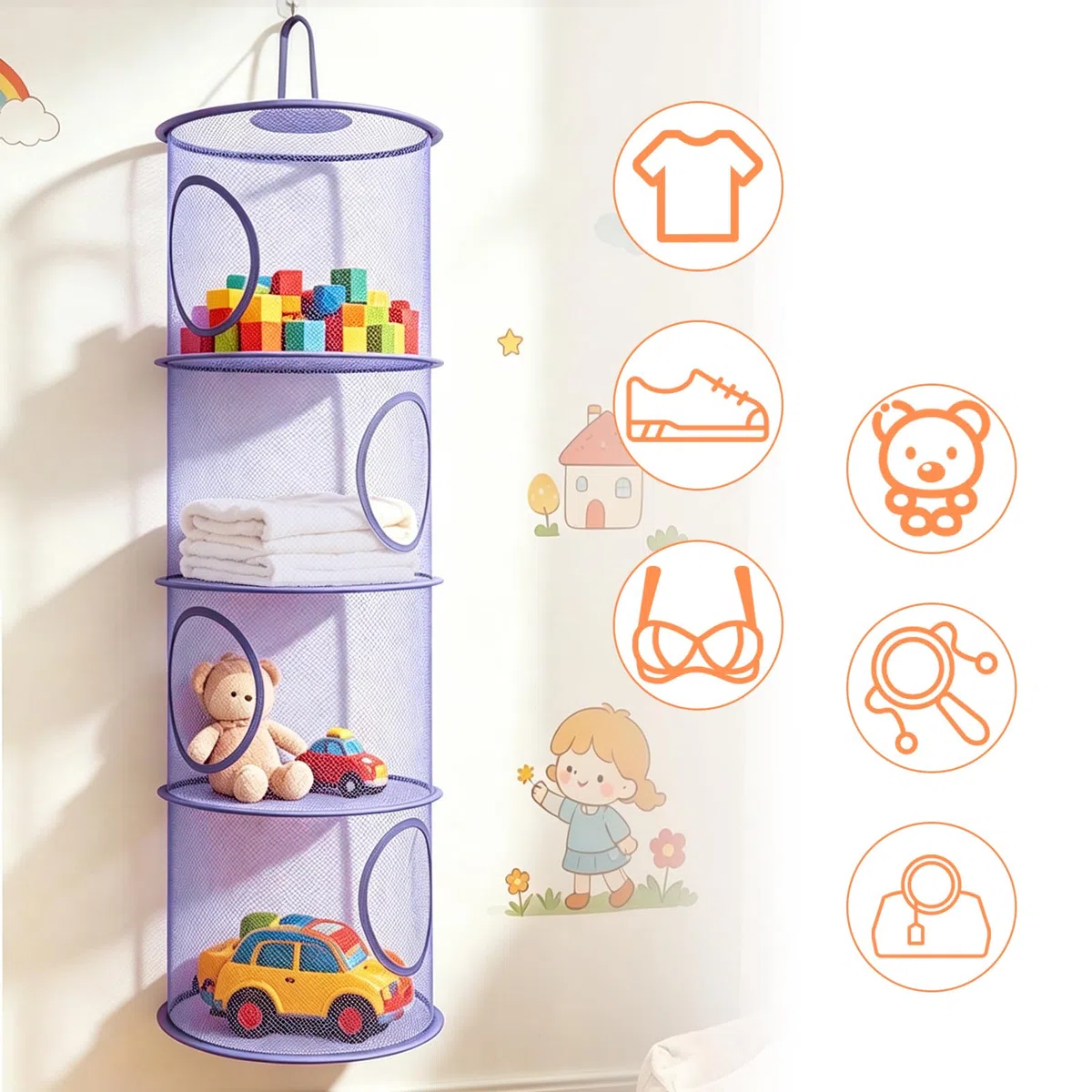 3pcs Organizer Portaoggetti Pieghevole da Appendere a 4 Livelli, Cesto Portaoggetti in Rete, Borsa Organizer per Peluche, Ideale per Cameretta, Bagno e Balcone-Rosa/Viola/Magenta