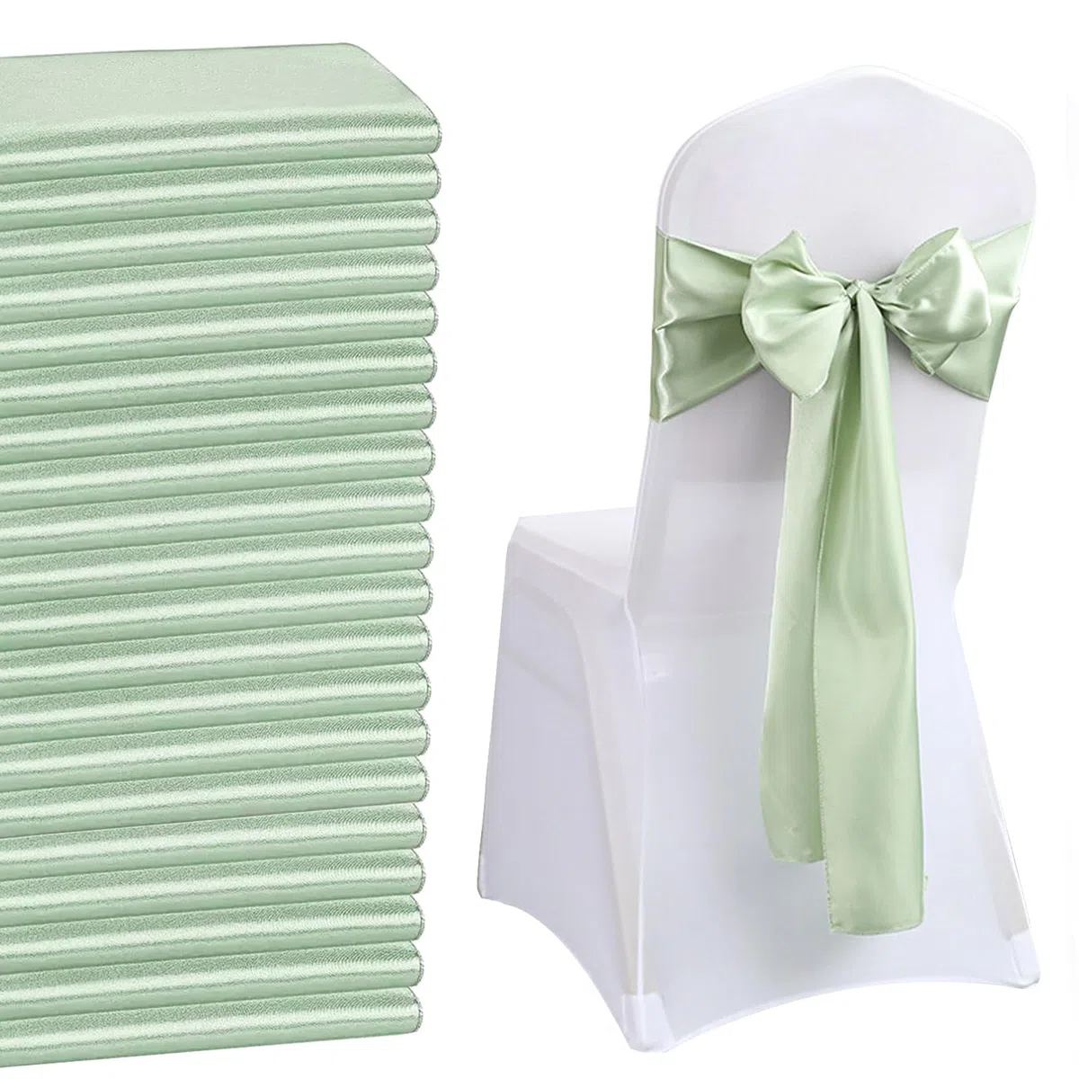 50 Pezzi Satin con Sedie Decorate con Fiocco Design, Decorazione per Sedia in Raso, Fasce in Raso per Sedie, Decorazione per Sedia per Matrimoni, Banchetti, Ricevimenti (Verde Salvia)