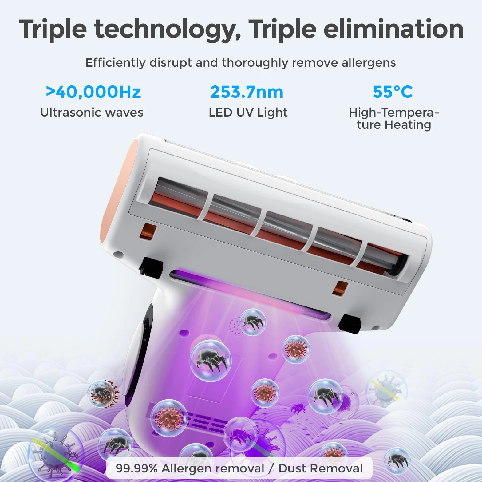 JIGOO J300 Aspiratore acaro con sensore acaro della polvere e luce UV, 500 W, con indicatore LED intelligente, per chi soffre di allergie, rimuove il 99,9% di allergeni, per materassi, letti e divani