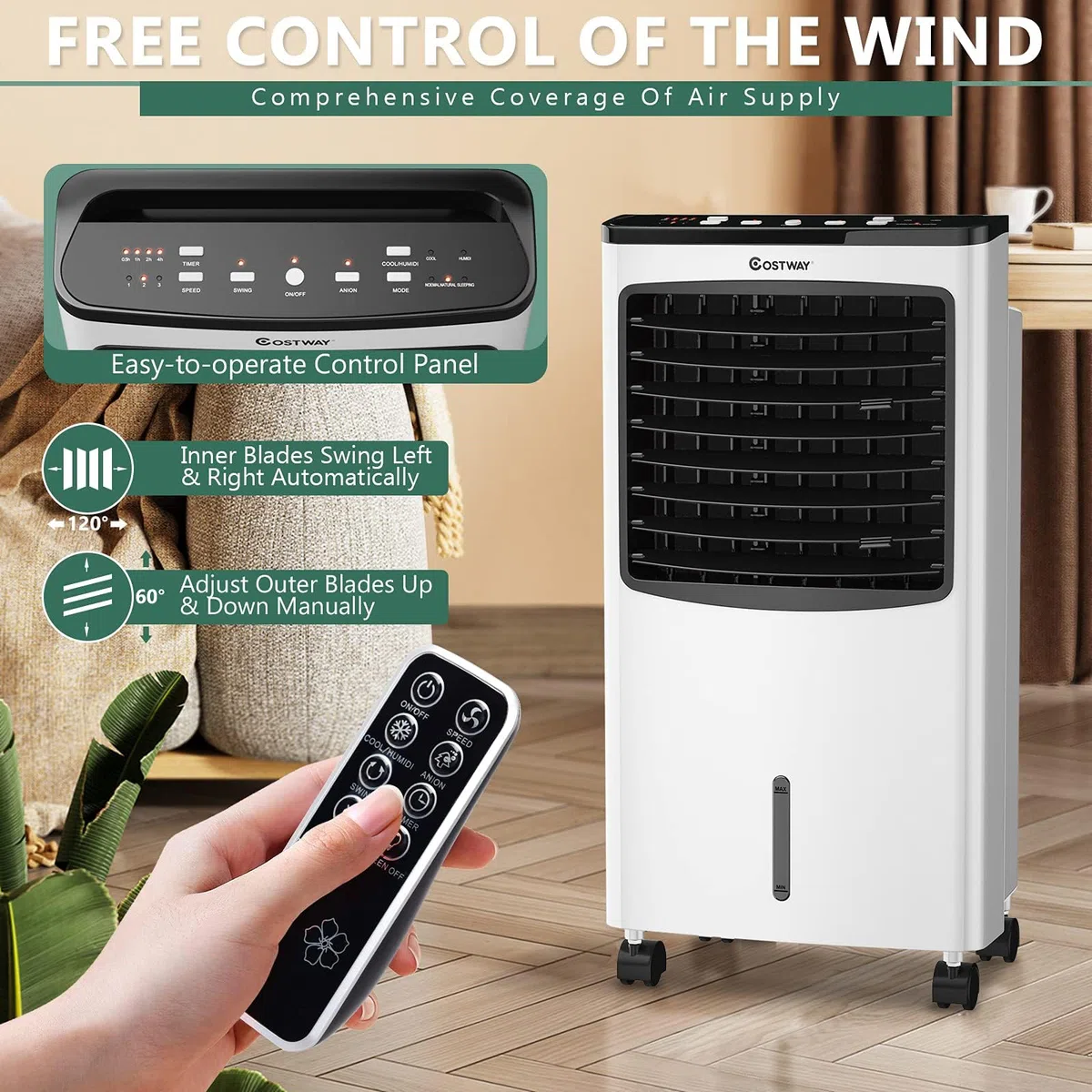 RELAX4LIFE 3 in 1 Ventilatore a Ghiaccio con Serbatoio Acqua 8L, 3 Modalità e 3 Velocità, Raffreddamento, Ventilatore, Deumidificazione