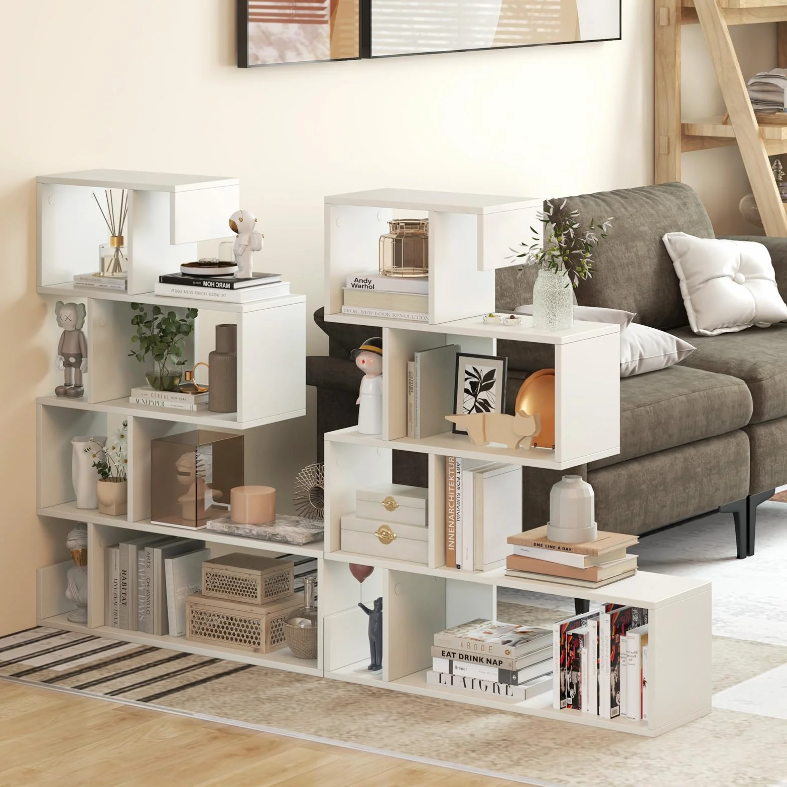 HOMASIS Libreria a Forma di Mossa con 5 Livelli, Scaffale Aperta a Forma di S in Legno, Libreria Divisoria con Protezione Anti-Ribaltamento per Soggiorno, Studio, 80 x 22 x 100 cm (Bianco)