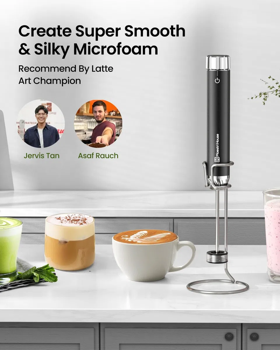 Maestri House Montalatte di qualità Barista, Montalatte portatile ricaricabile con controllo continuo della velocità, impermeabile IPX6, microschiuma di livello Latte Art per Latte e Flat White
