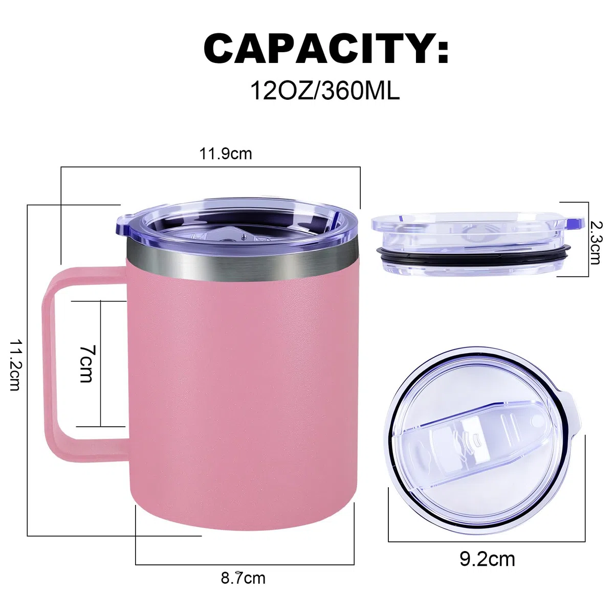 Tazza Termica 360ml con Manico, Mug Termica in Acciaio Inox con Coperchio Ermetico, Bicchiere Termico da Viaggio per Caffè, Ufficio, Campeggio e Viaggi(Rosa)