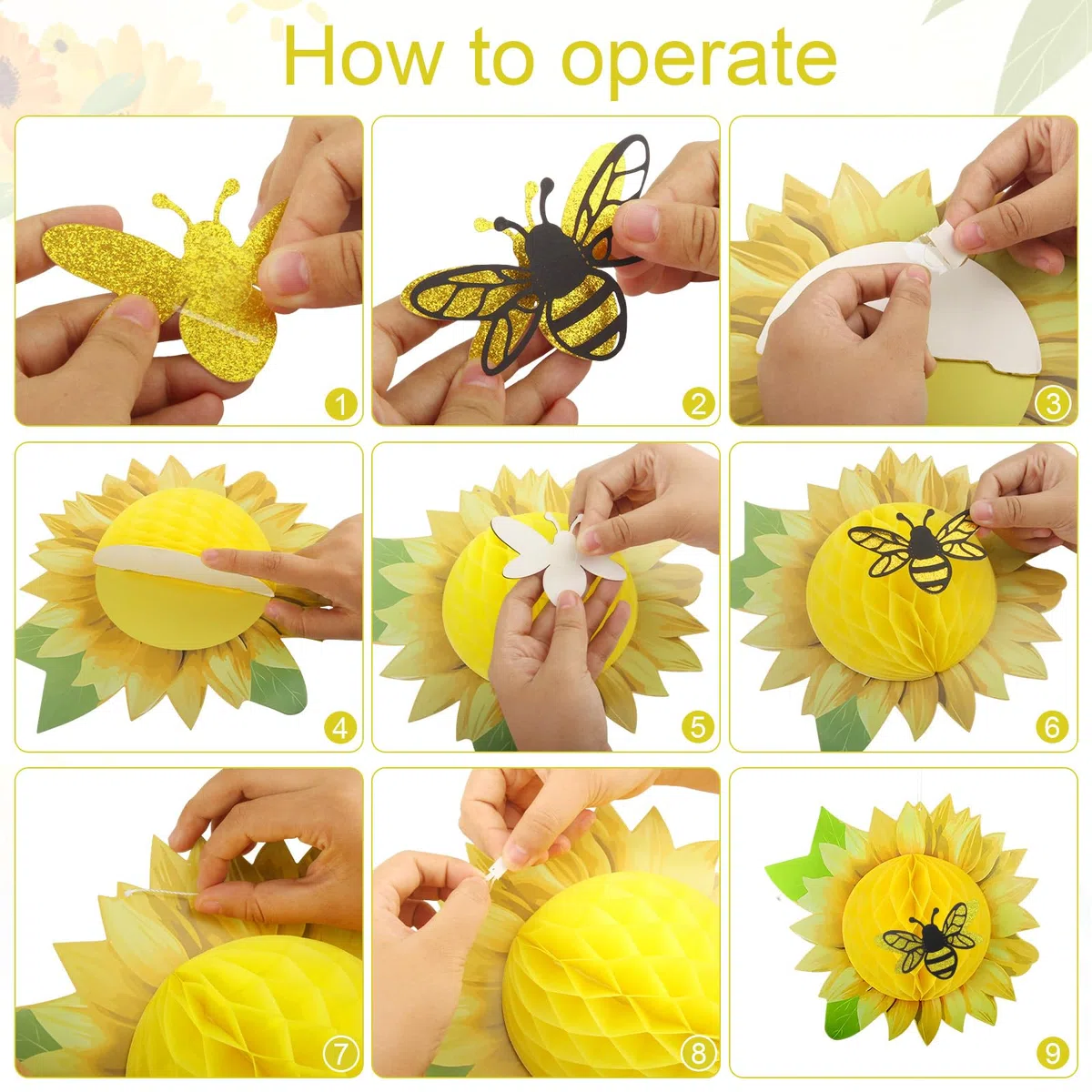 12 Pezzi Girasole Fiori Carta Crespa da Appendere Pompom et 12 Adesivi a Forma di ape Fiori di Carta per Compleanno Matrimoni Baby Shower Feste in Fiardino