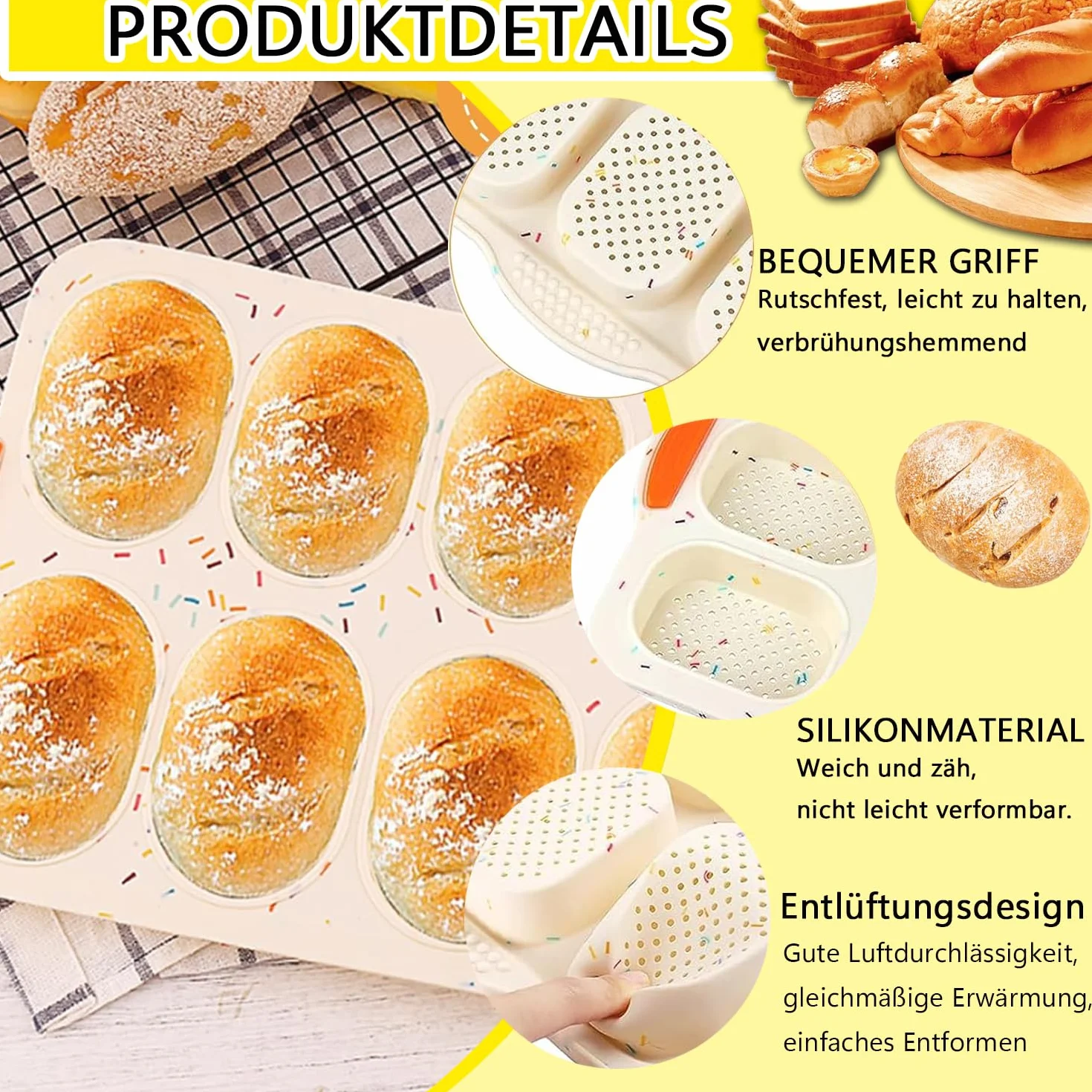 Stampi Forno Pagnotte, Silicone Mini Baguette Teglia, Teglia a 8 Cavità, Panini con Grissini per Cuocere Pane Francese, Grissini, Panini, Pane