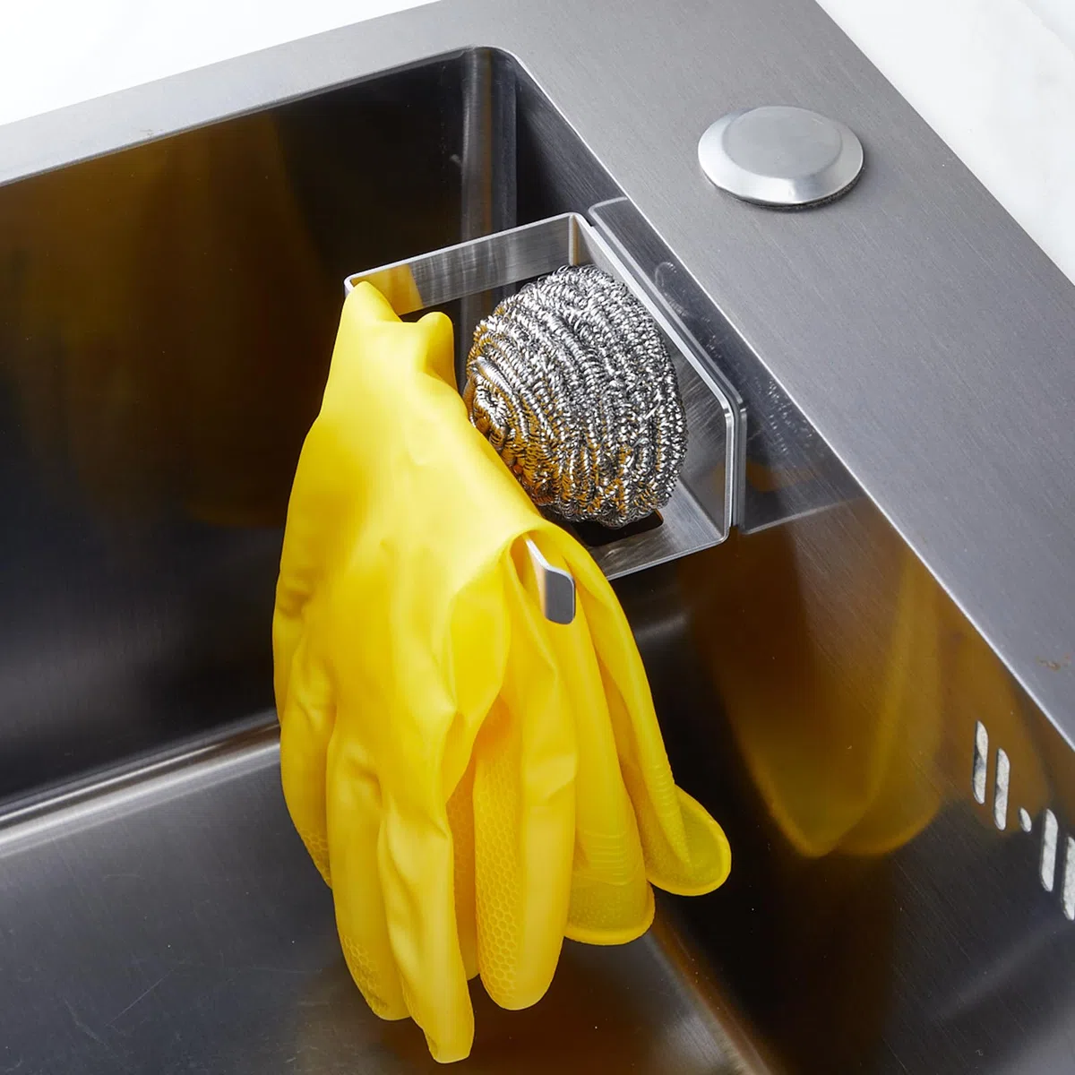 Porta Spugne Lavandino Cucina, Portaspugna, Porta Spugne 2 in 1 per Lavello, Portaoggetti per Lavello Autoadesivo, Acciaio Inox, Supporto per strofinaccio per Spugne, Spazzole e Panni