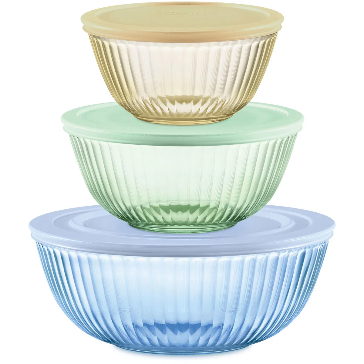 Pyrex Set completo di 6 ciotole scolpite colorate in vetro con coperchi, piccole/medie/grandi, set di ciotole salvaspazio per preparare e cuocere al forno, 1,3 qt, 2,3 qt e 4,5 QT
