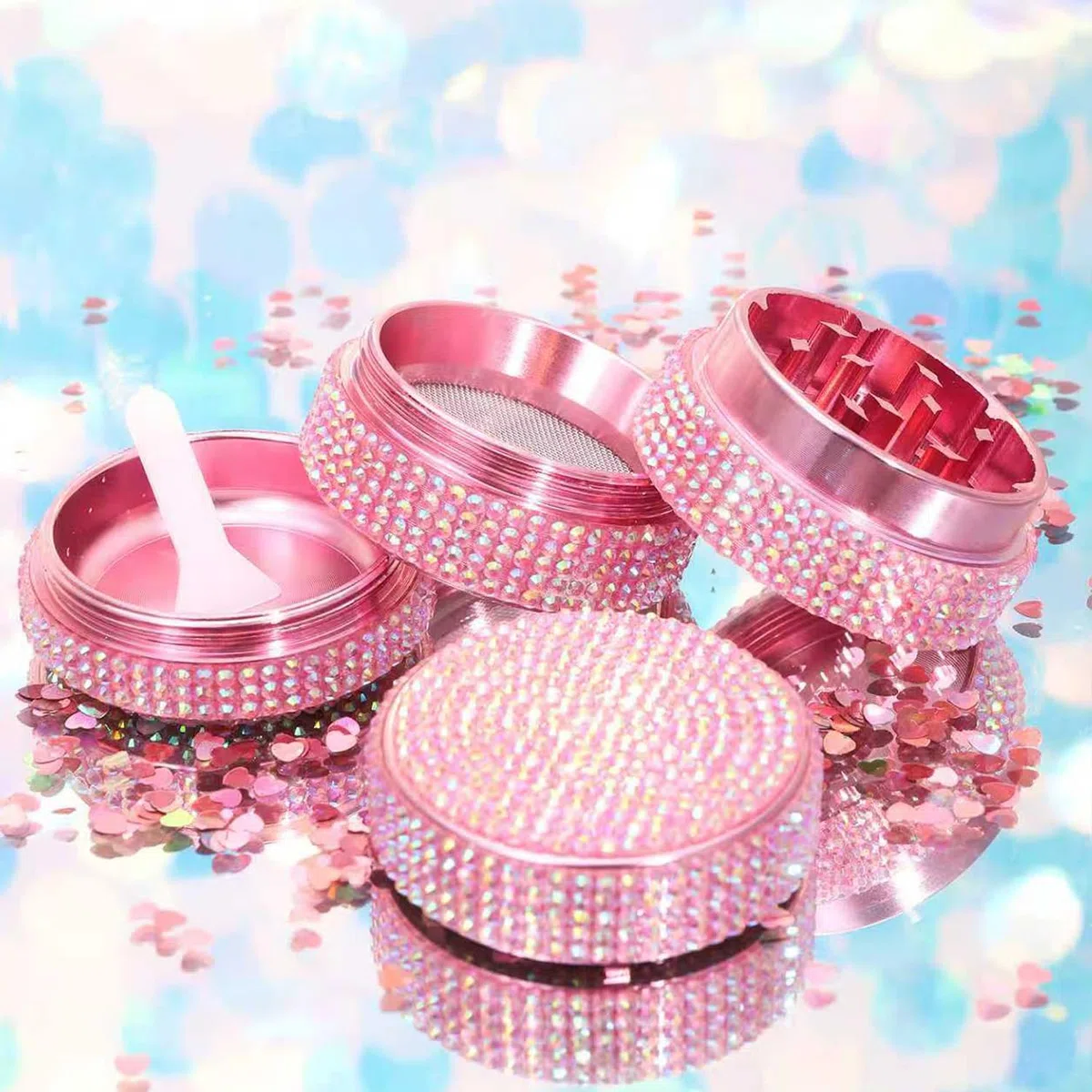 Macinino per Erbe in Alluminio - Macinino a Diamante da 50mm per Erbe Secche e Spezie, Macinino in Metallo a 4 Parti con Raccoglitore di Polline (Rosa)