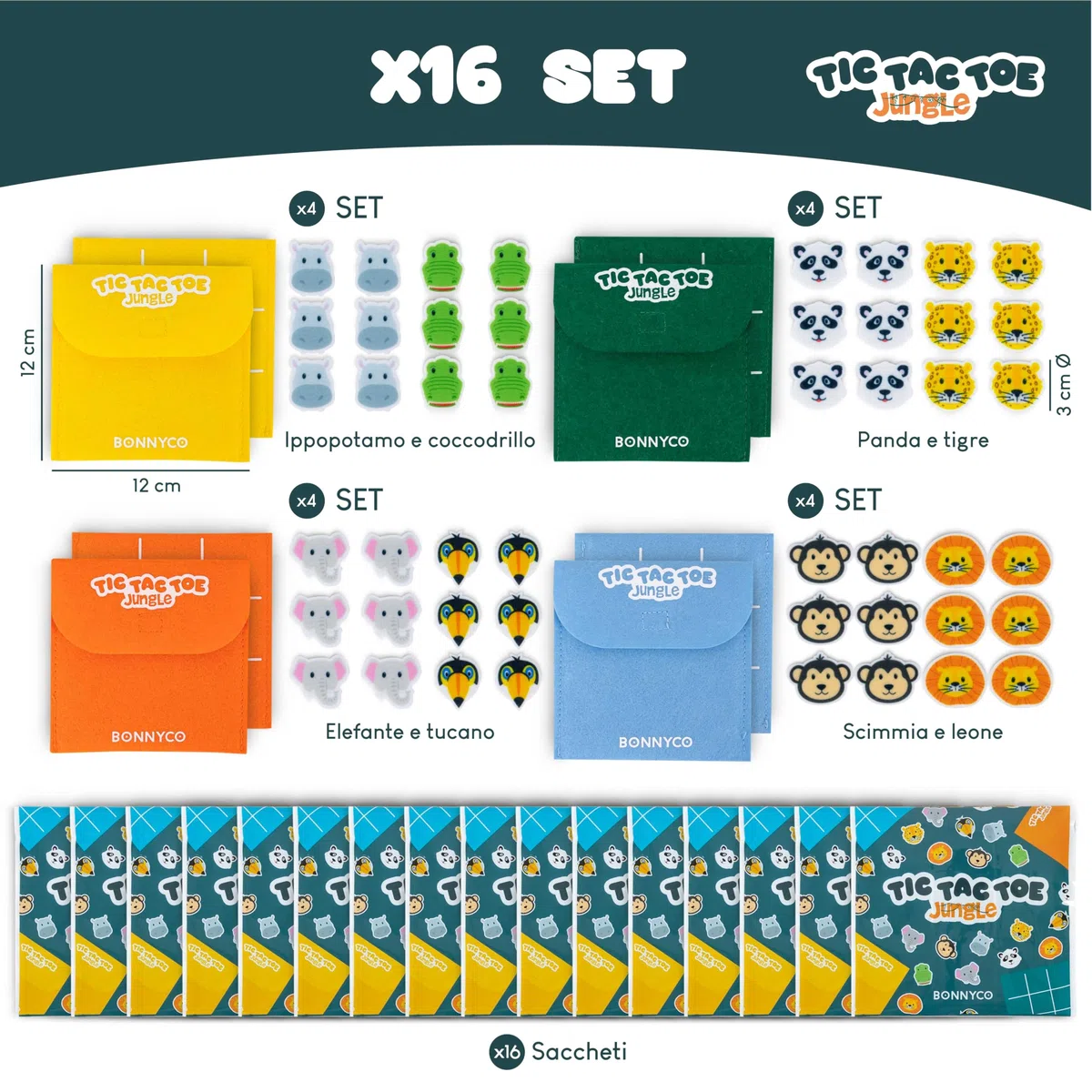 BONNYCO Tic Tac Toe Animali della Giungla, Pack 16 Gadget Compleanno Bambini. Mini Giochi, Regalini Fine Festa Compleanno Bambini. Regalino Fine Festa Invitati Persierini, Gioco Tris Giochini Scuola