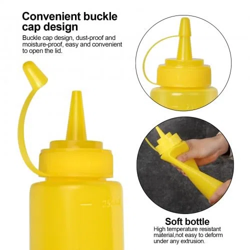 Bottiglia per Squeeze con Tappi, 3pcs Bottiglie di Plastica Squeeze, 250ml Cucina Flacone Dosatore, per Ketchup, Senape, Mayo, Salse Piccanti, Olio d'Oliva (Rosso + Bianco + Giallo)