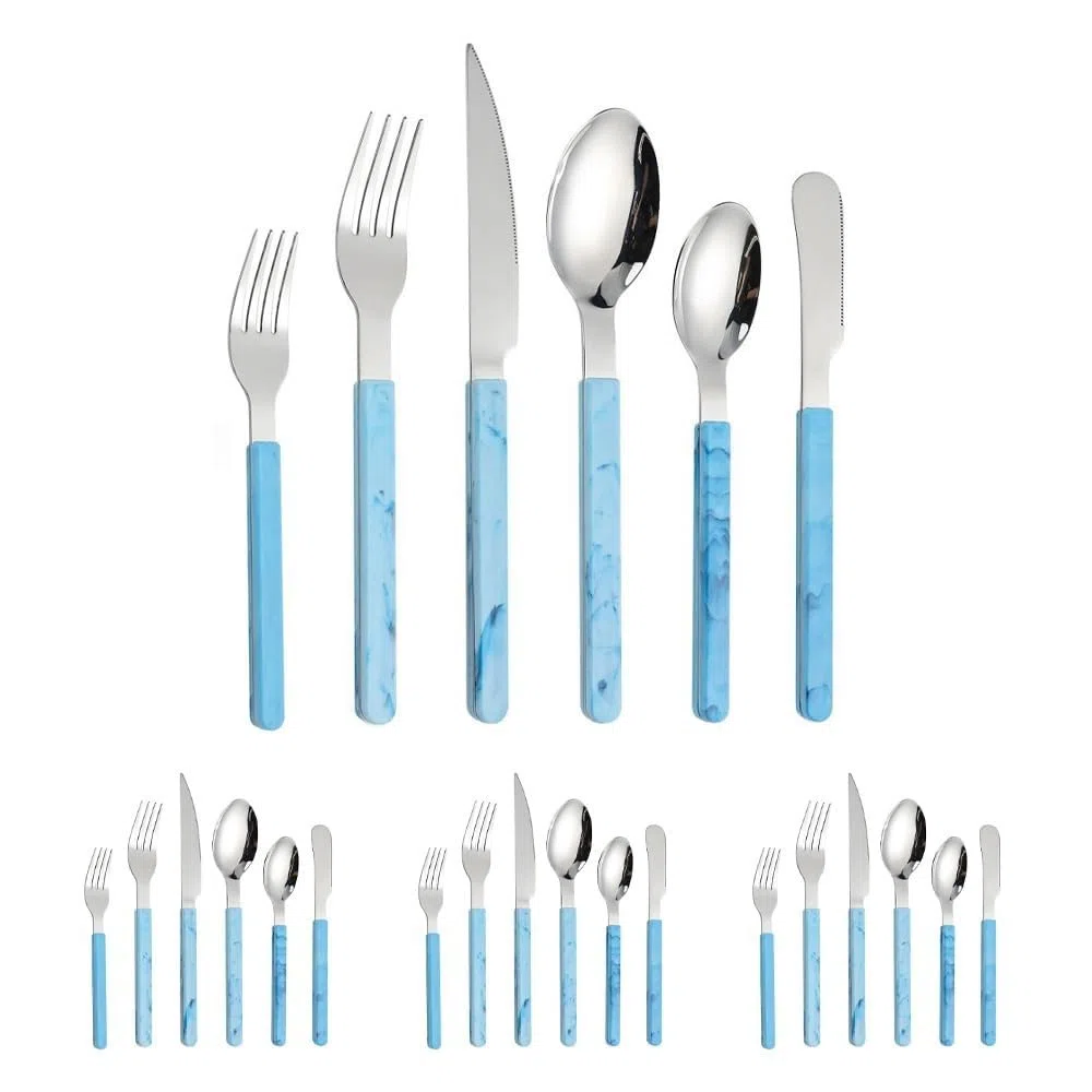 Retro Stile Cinese PP Maniglia Da Cucina in Acciaio Inox Argenteria Da Tavola Posate Set Di Posate Coltello Da Bistecca Forchetta Cucchiaio Cucchiaino (Blu,24 pezzi)