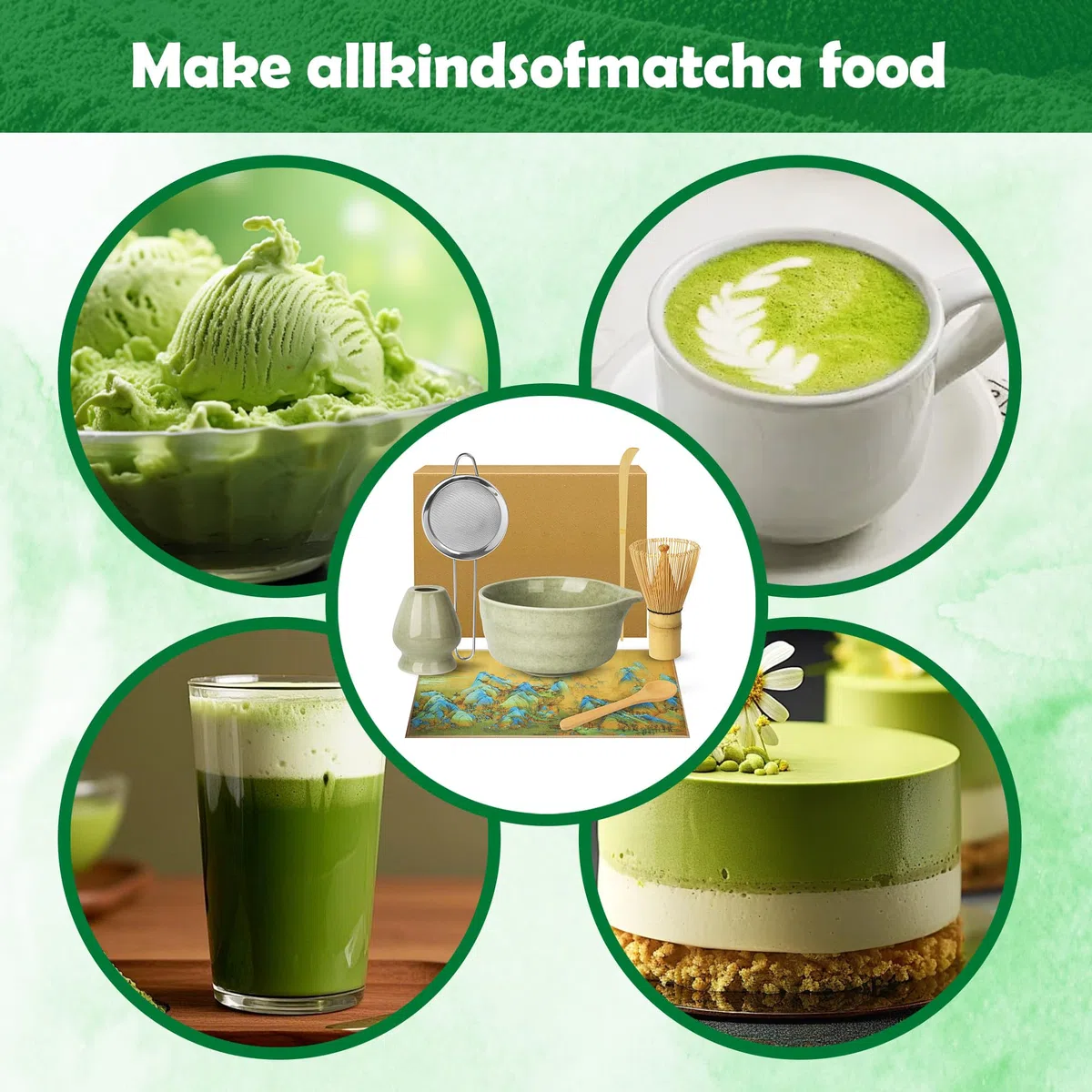 Macha Tea Kit, 7 Pezzi Matcha Kit, Completo con Matcha Whisk, Ciotola Matcha, Supporto Chasen, Setaccio da Matcha, Tappeto con Motivo, 2*Cucchiaio Matcha, Ideale per la Preparazione del tè Matcha