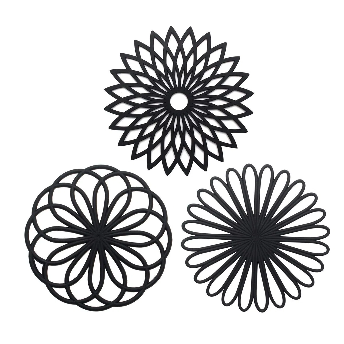 Sottopentola in Silicone a Forma di Fiore,Createstar Set Da 3 Pezzi Sottopentola Nero,Qualità Premium,Isolante,Flessibile,Durevole,Antiscivolo,Pulizia Facile,per Tazze e Sottobicchieri