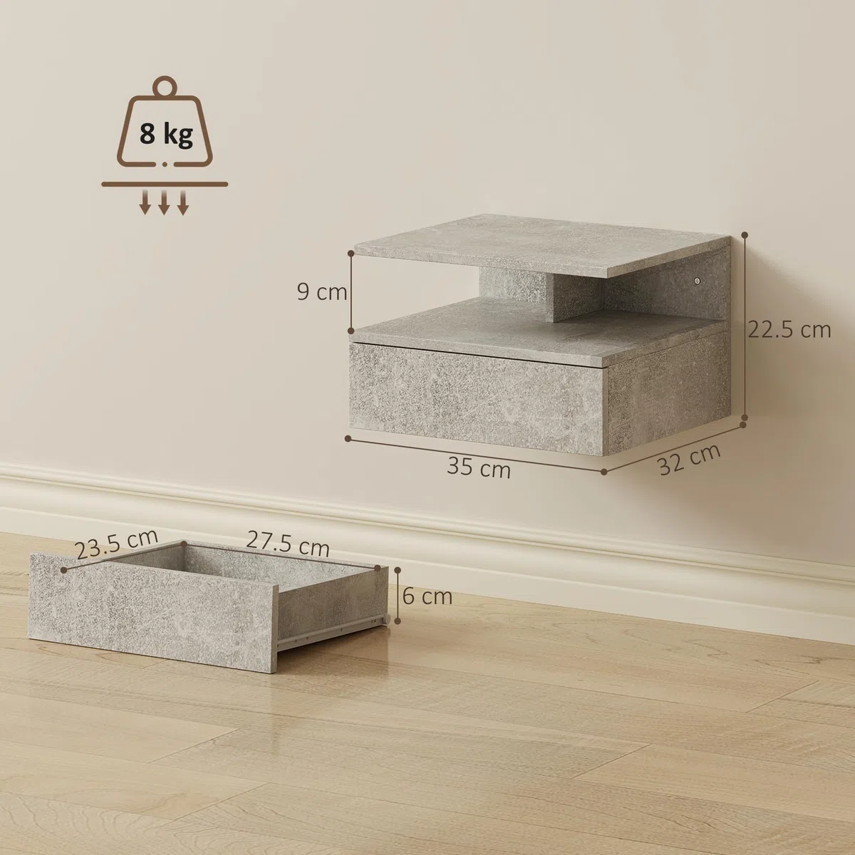 HOMCOM Set di 2 Comodini Camera da Letto Sospesi con Cassetto e Scomparto Aperto, Coppia di Comodini Moderno in Legno, Tavolini per Divano, Soggiorno, Salotto e Camera, 35x32x22.5 cm, Grigio Cemento