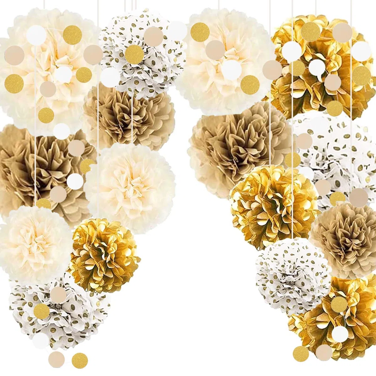 TREABEAR 18PCS Addobbi Compleanno Beige e Marroni, Fiori Carta Pon Pon Bianco, Centrotavola Comunione,Decorazioni Battesimo Bimbo Fiori Di Carta Crespa, Addobbi Compleanno Pom Pom, Nastro Beige Dorato