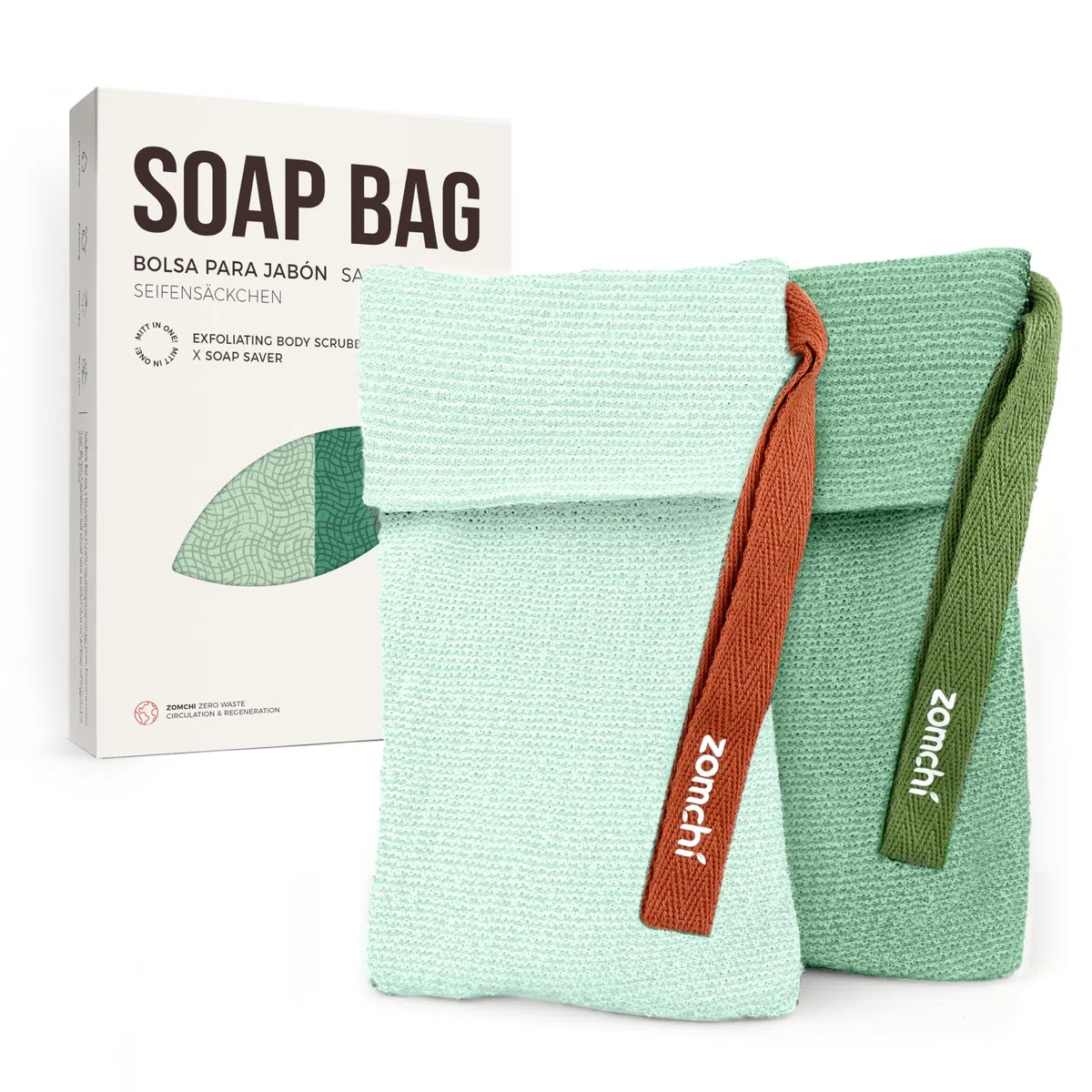 ZOMCHI 2 pezzi Sacchetti per saponette con diversa ruvidità, Sacchetti esfolianti per il risparmio di sapone, Sacchetto per sapone per il bagnoschiuma (Verde)