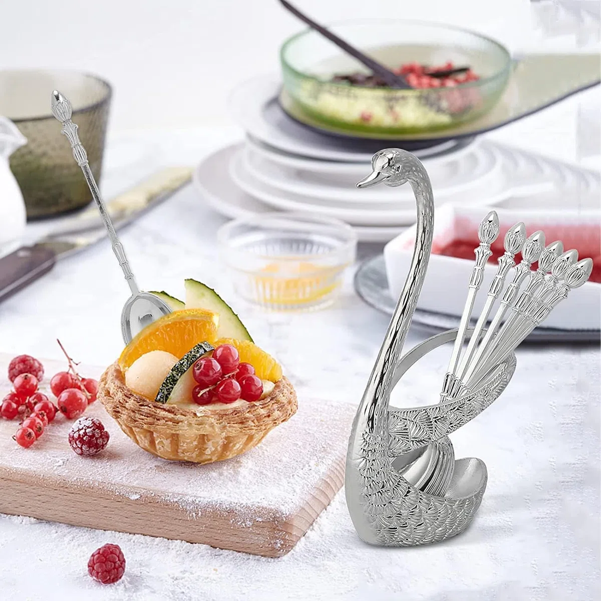 6 cucchiai da portata, cucchiaini da caffè in acciaio inossidabile con porta utensili porta cucchiaio a forma di cigno per piano di lavoro(Silver)