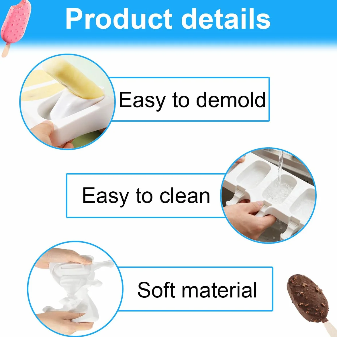 3 Packed Grandi Stampi per Gelato in Silicone,4 Cavità Stampo per Ghiaccioli,Stampo in Silicone per Gelato,riutilizzabili,senza BPA,Stampo in Silicone per Gelato,Perfetto per il DIY Stampi