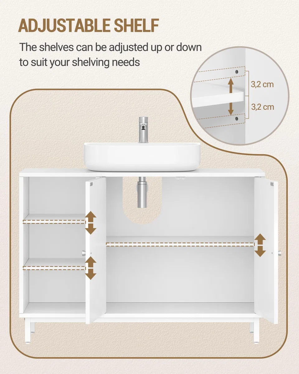 Hzuaneri Mobile Sottolavabo per Bagno, Mobiletto da Bagno, con 2 Ante 2 Scompartimenti, Scomparto Regolabile, Ampio Spazio di Archiviazione, Stile Moderno, 30 x 90 x 63 cm, Bianco BC09803W