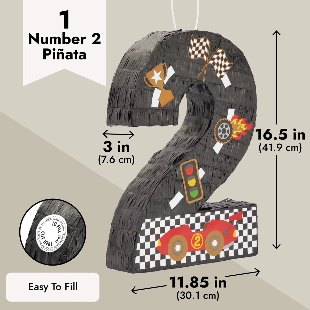 Pinata numero 2 per auto da corsa festa di compleanno (16,5 x 11,5 x 3 pollici)