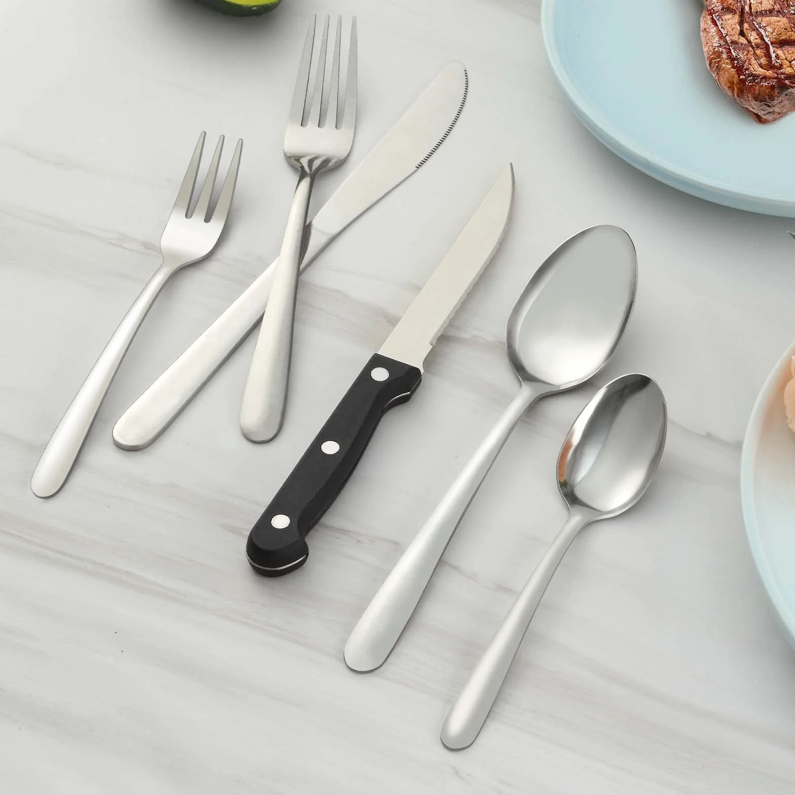 Pleafind set posate da 72 pezzi, acciaio inox 12 persone per uso alimentare, in argento con coltello, cucchiaio, forchetta, coltello da bistecca, lavabili in lavastoviglie