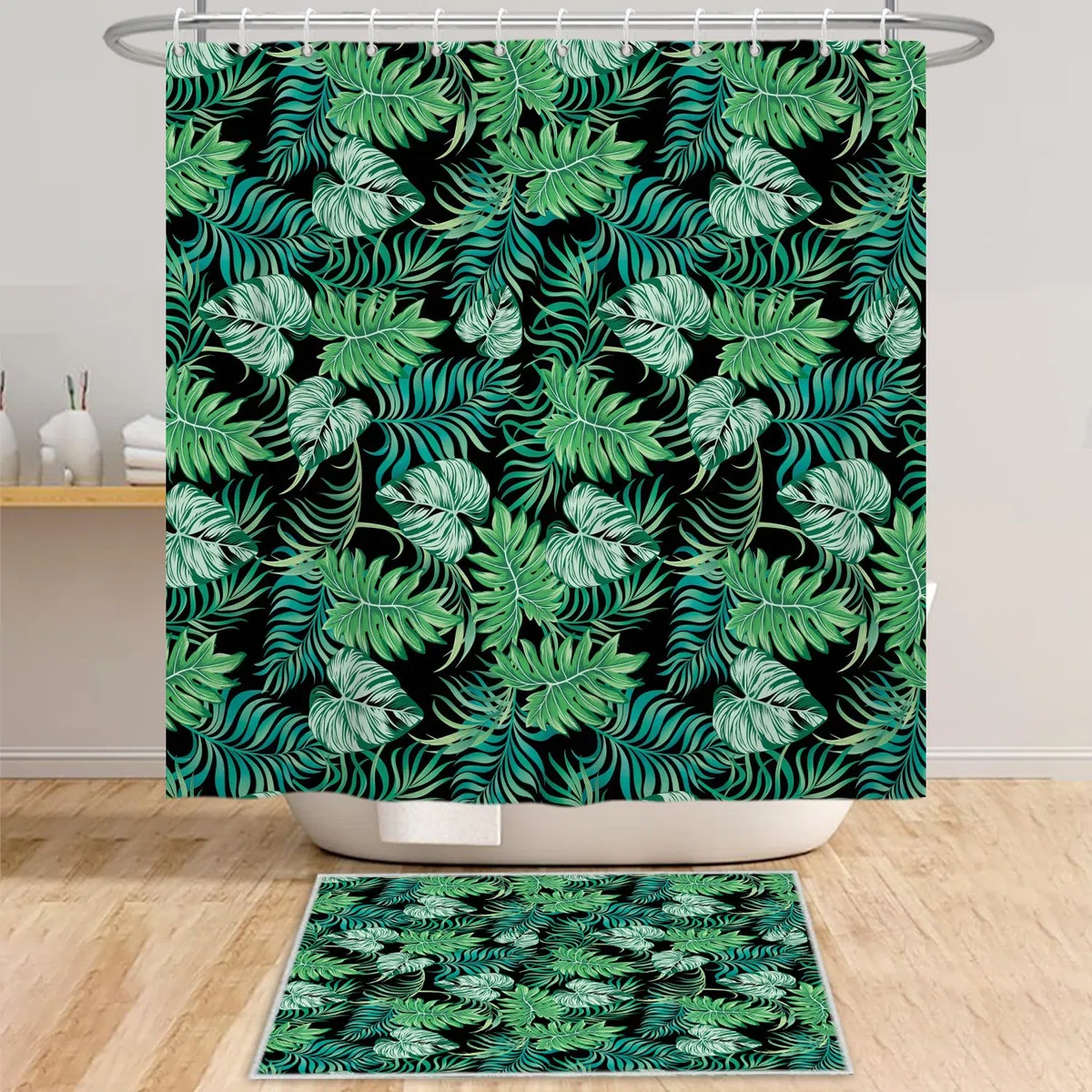 Foglie Verdi Tenda da Doccia 180x200cm Foglia di Palma Botanico Pianta Tropicale Design Moderno Decorativo Impermeabile Lavabile in Poliestere Tende da Bagno con 12 Ganci per Vasca da Bagno