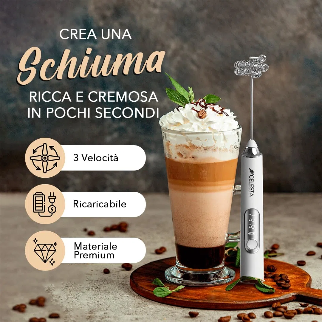Montalatte elettrico portatile Celesta - Montalatte ricaricabile tramite USB - 2 fruste in acciaio inossidabile + cavo USB, montalatte e sbattitore per le uova