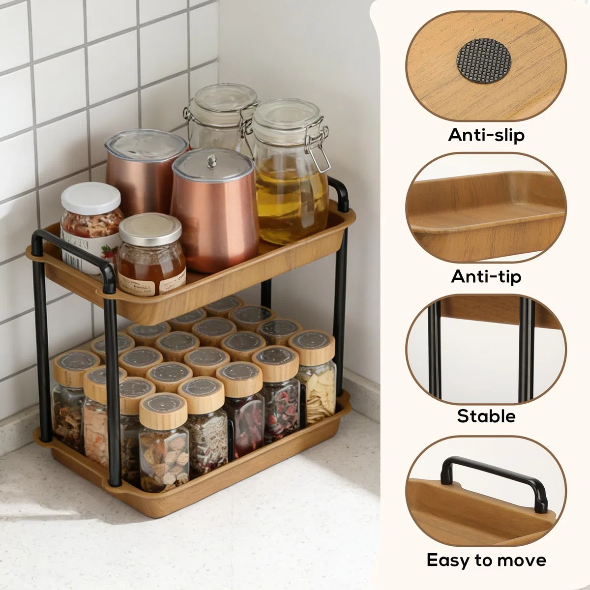 VINATO Scaffale 2 Ripiani, Organizzatore per Cucina in Acciaio al Carbonio con Aspetto Legno, Aste di Supporto Rinforzate, per Piano di Lavoro, Cucina, Bagno, Ufficio