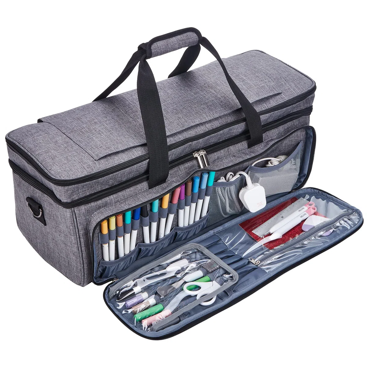 Custodia da trasporto a doppio strato con tasca per tappetino per Cricut Explore Air 2, Cricut Maker, Cricut Maker 3, Cricut Explore 3, multi grandi tasche frontali per attrezzi, accessori e