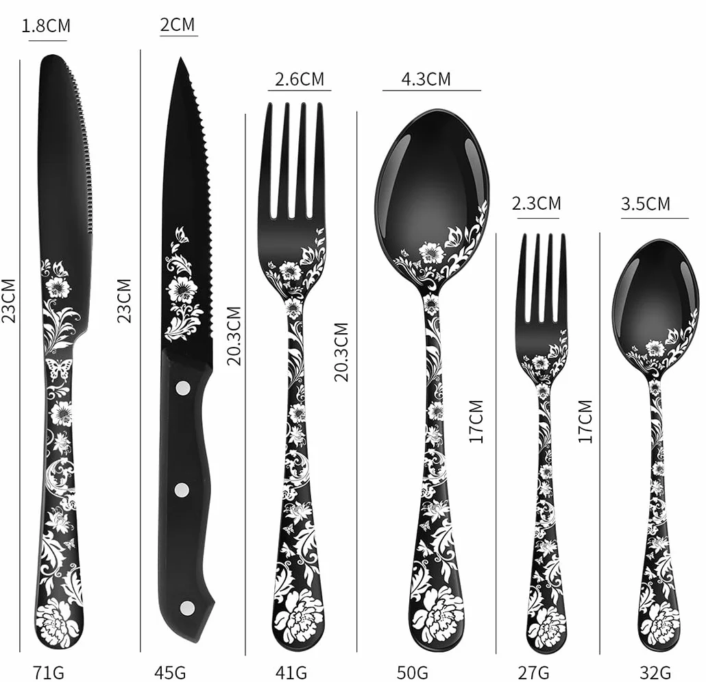 XIAOYU Set di posate da 48 pezzi con coltelli da bistecca, set di posate in acciaio inossidabile per 8 persone, set di coltelli forchette cucchiai con laser unico a forma di fiore di peonia