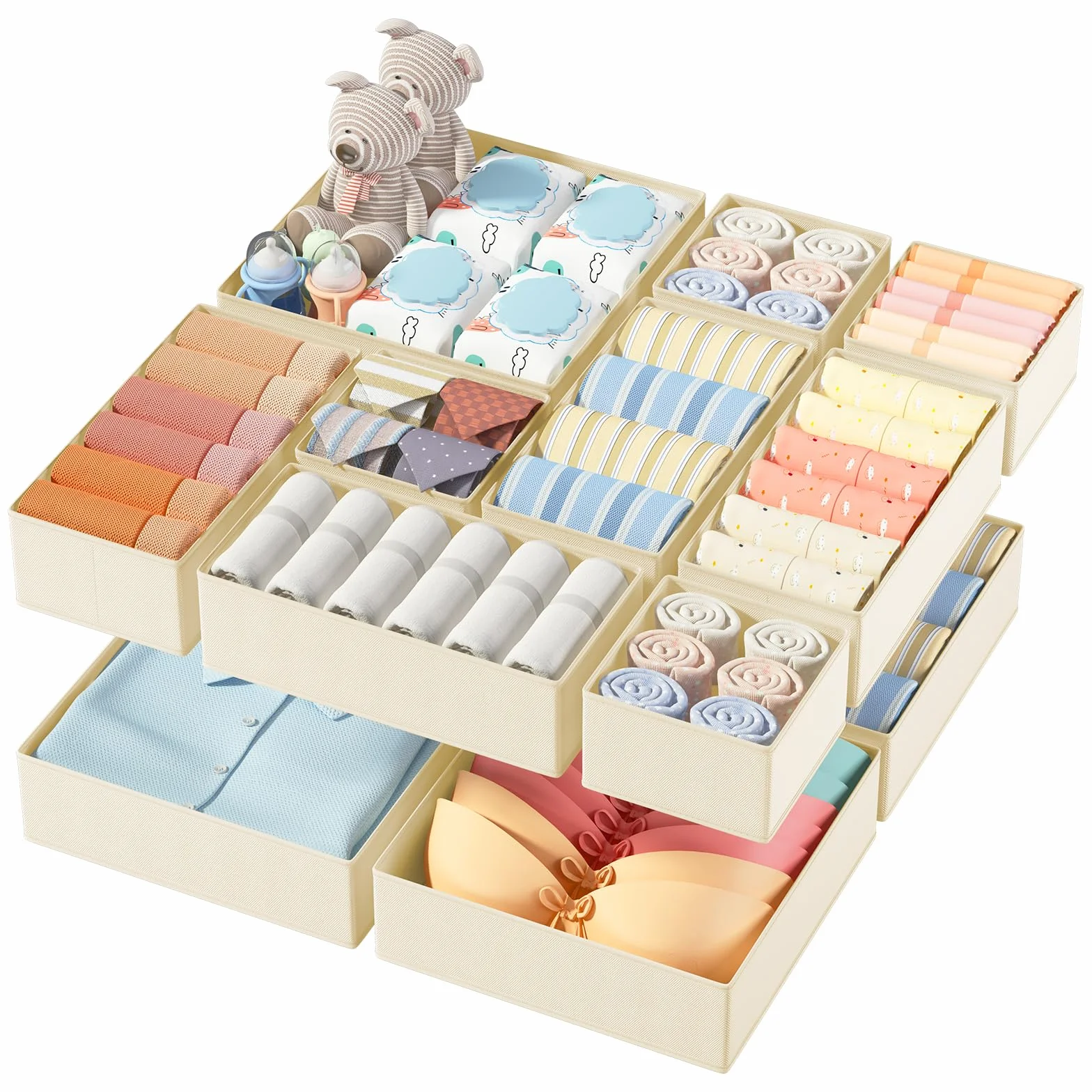DIMJ Organizer Cassetti, Cassetto Organizer, Divisori per Cassetti, Organizzatore Armadio Pieghevole Organizzatore, Contenitori per Armadio Salvaspazio, Tessuto Non Tessuto, 12 Pcs, Beige