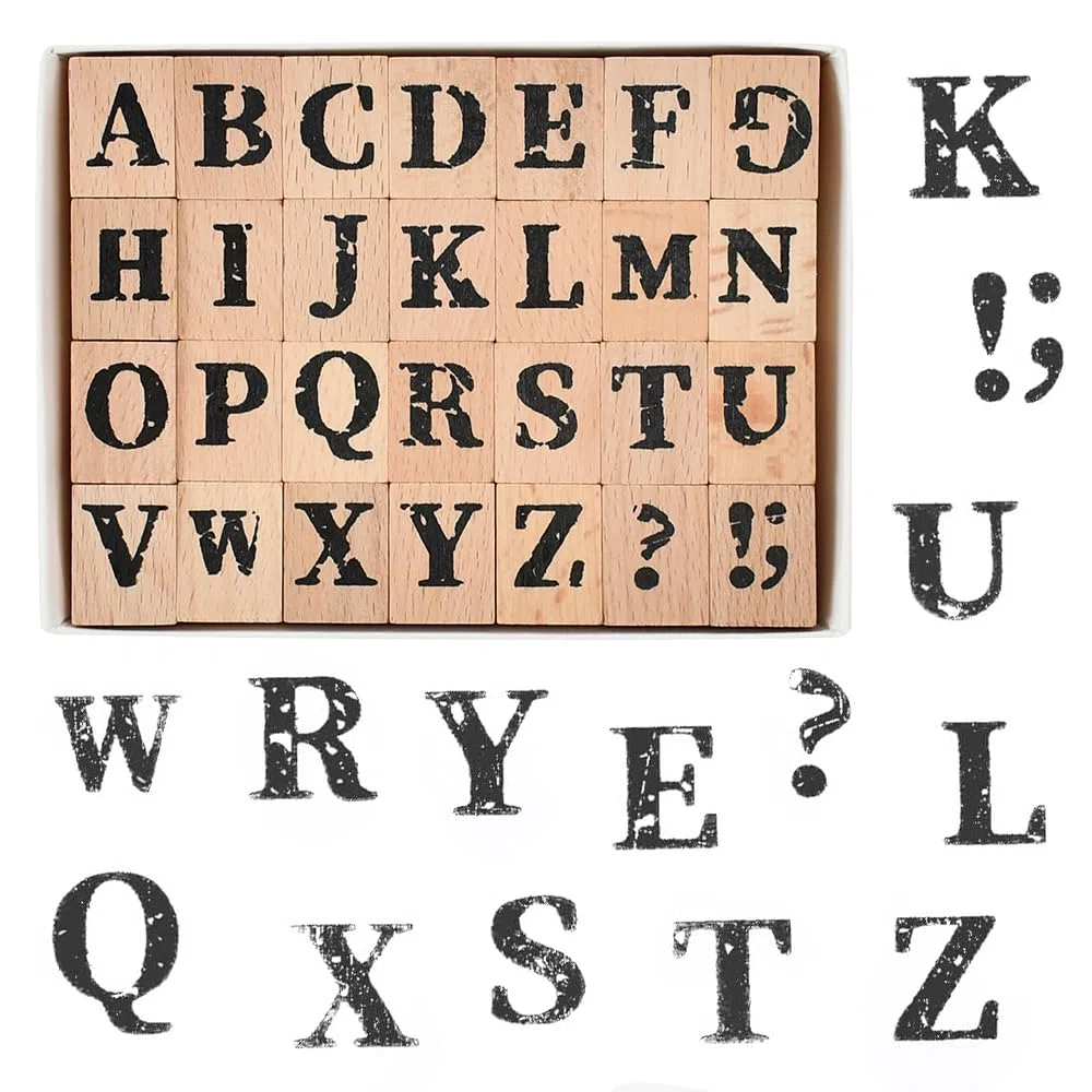 Set Timbri Lettere e Simboli Alfabeto, 28 Timbri a Forma di Lettere in Legno e Gomma con 26 A-Z e 2 Simboli Lettere Timbri Set Vintage Timbro in Legno per Scrapbooking, Fai-da-Te, Cartoline