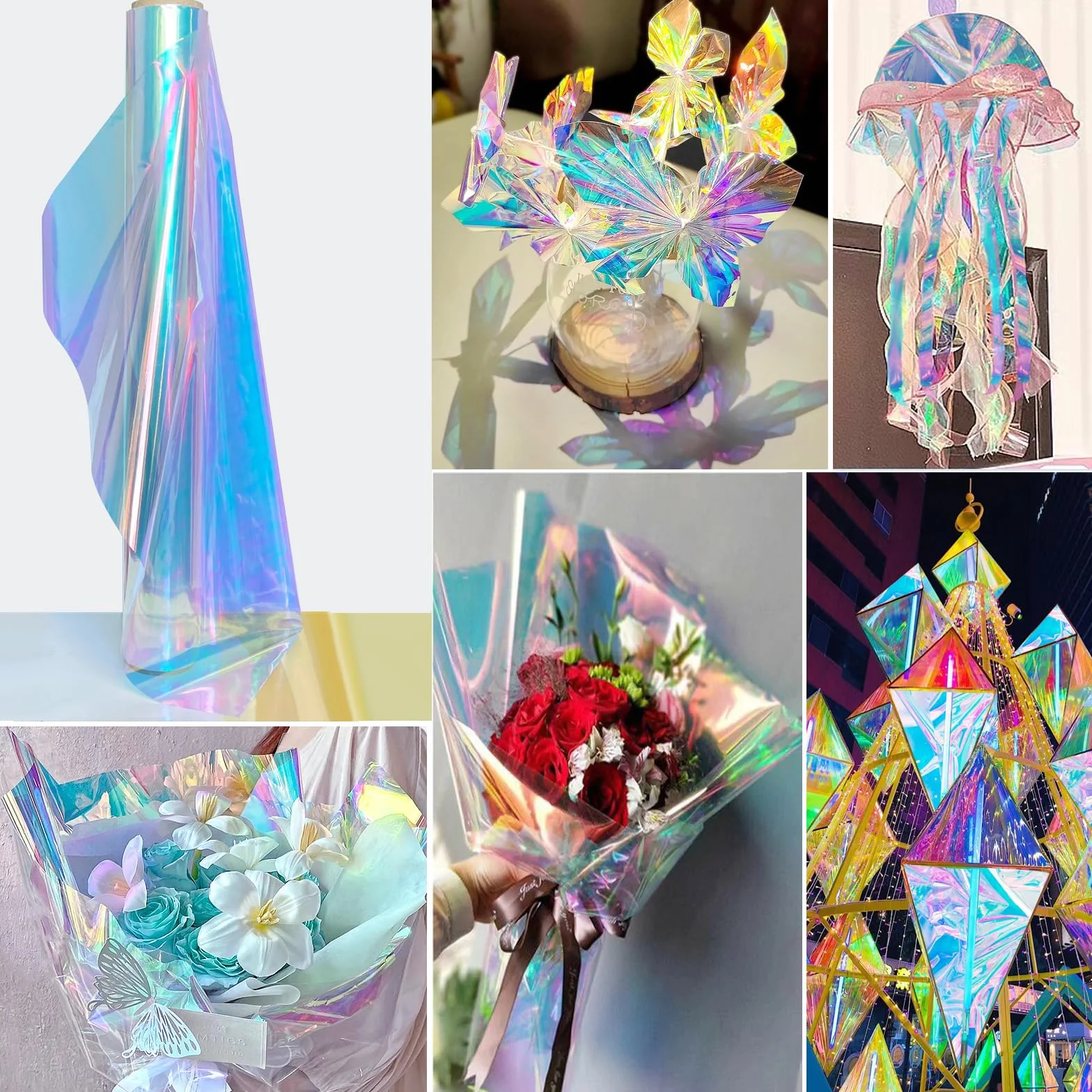 Rotolo di Pellicola Iridescente in Cellophane Trasparente, 86 cm x 15 m, per Confezioni Regalo, Arcobaleno, Imballaggio per Matrimoni