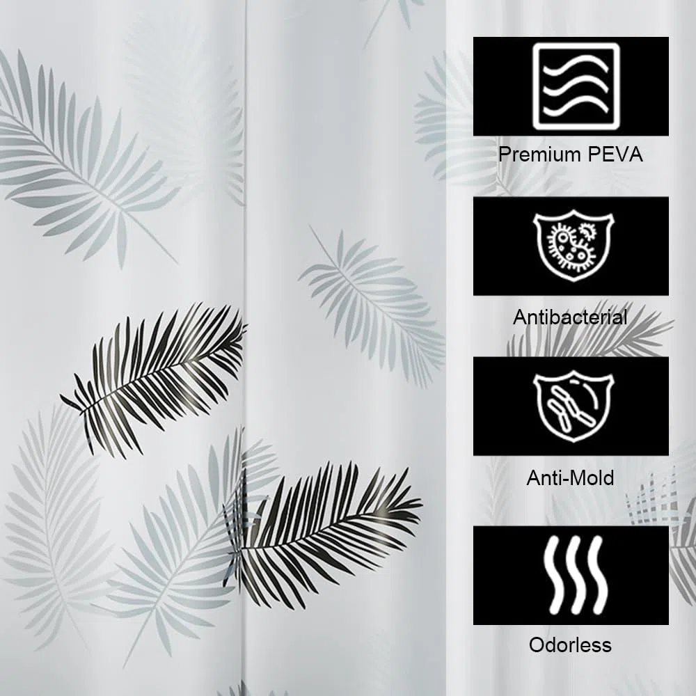 Tenda da Doccia PEVA Impermeabile 240x180 CM, Tenda da Doccia Antimuffa Foglie Nere, Tende da Bagno Bianca ad Asciugatura Rapida, Extra Larga 300 CM, Semitrasparente, con Ganci in Plastica