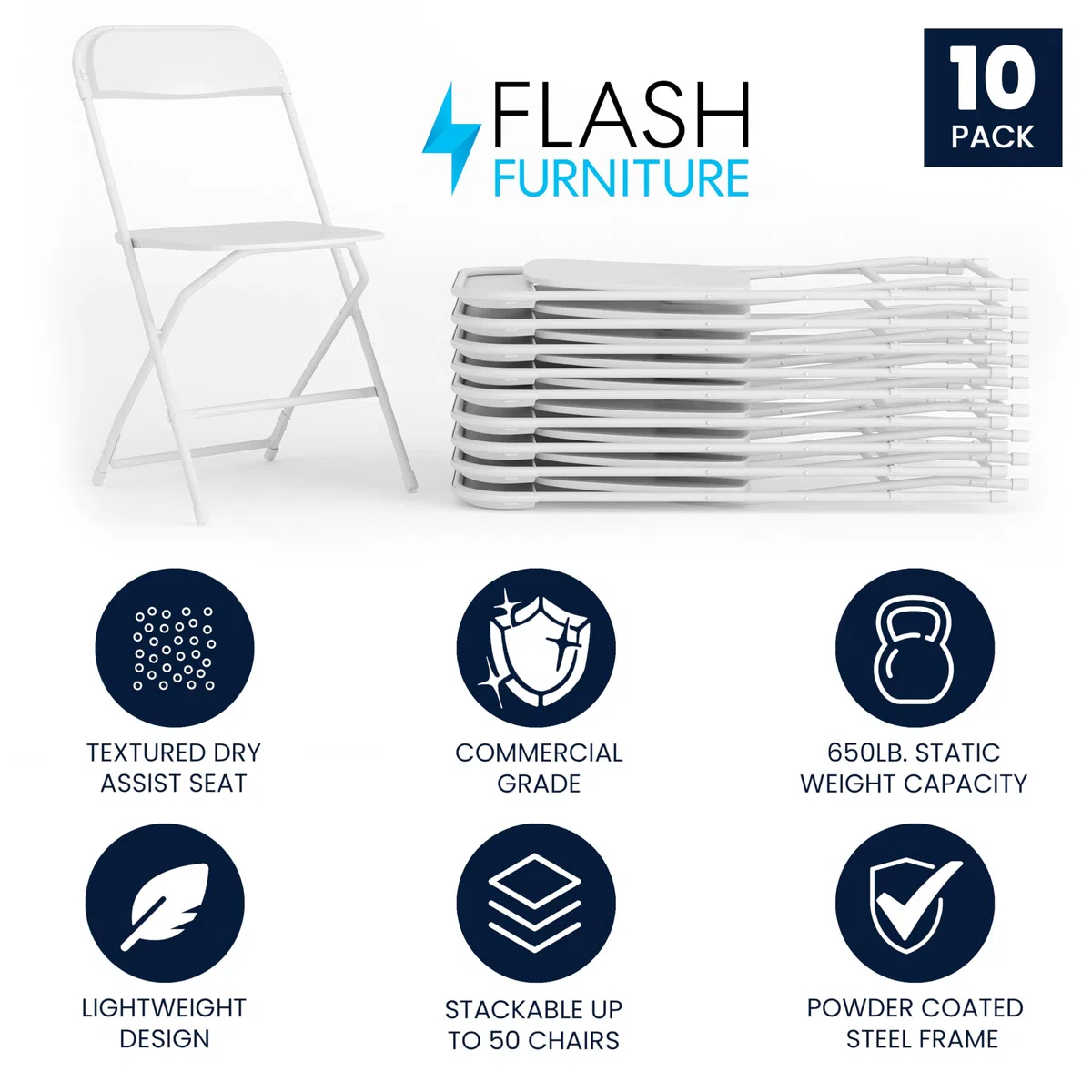 Flash Furniture Sedia pieghevole in plastica serie Hercules, bianca, confezione da 10 650LB, comoda sedia per eventi, sedia pieghevole leggera