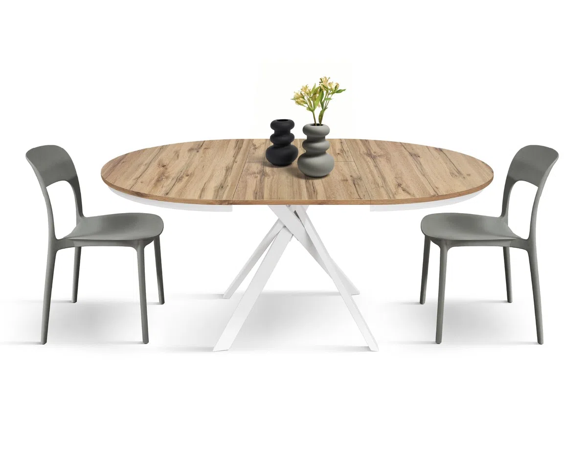 PAZZO DESIGN Tavolo Rotondo Allungabile Gabri, Tavolo Soggiorno, Cucina, Gambe Incrociate Shangay Bianche, Made in Italy, Rovere Rustico, da 120 a 170 cm - id_2177
