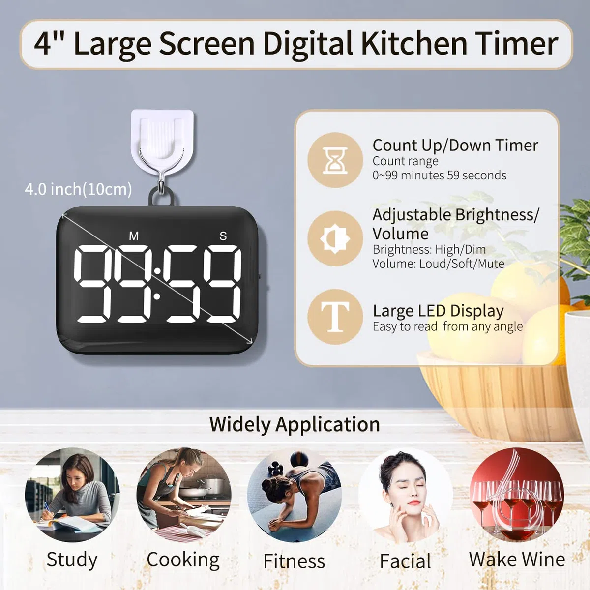 NOKLEAD Digitale Timer da Cucina: cronometro con conto alla rovescia magnetico con ampio display a LED, volume e luminosità regolabili, facile da usare per bambini anziani (batterie incluse) (nero)