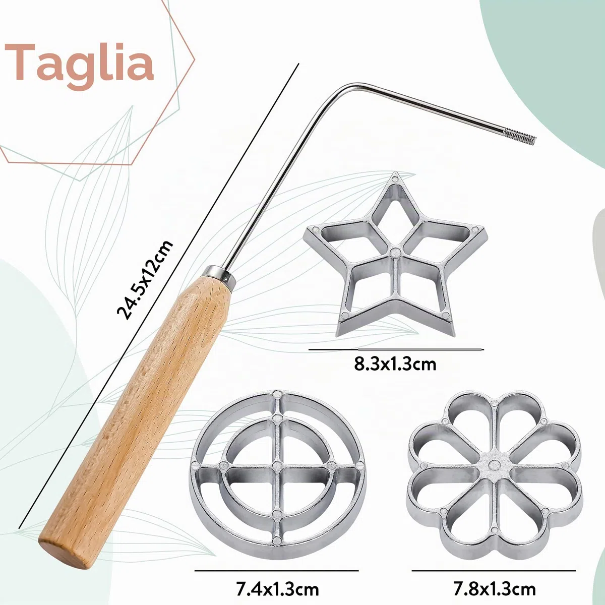 Tortillada - 4 pezzi Set Bunuelos Stampo con manico in legno Rosetta Maker biscotto Strumento in alluminio fuso stampi per cialde Set con 3 stampi (Stella Fiore Cerchio)