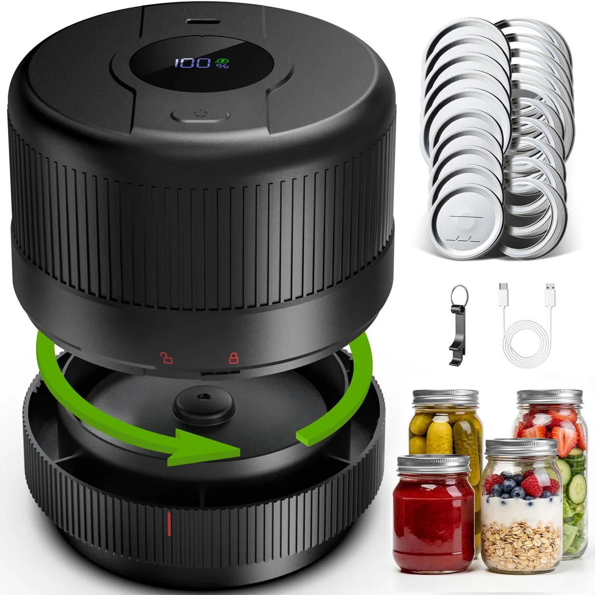 Elctrtici Mason Jar Vacuum Sealer, Macchina Sottovuoto per Barattoli Vetro, Kit Sigillatore Sottovuoto Elettrico per Barattoli da Muratore, Conservazione Alimenti, Nero (Versione Aggiornata)